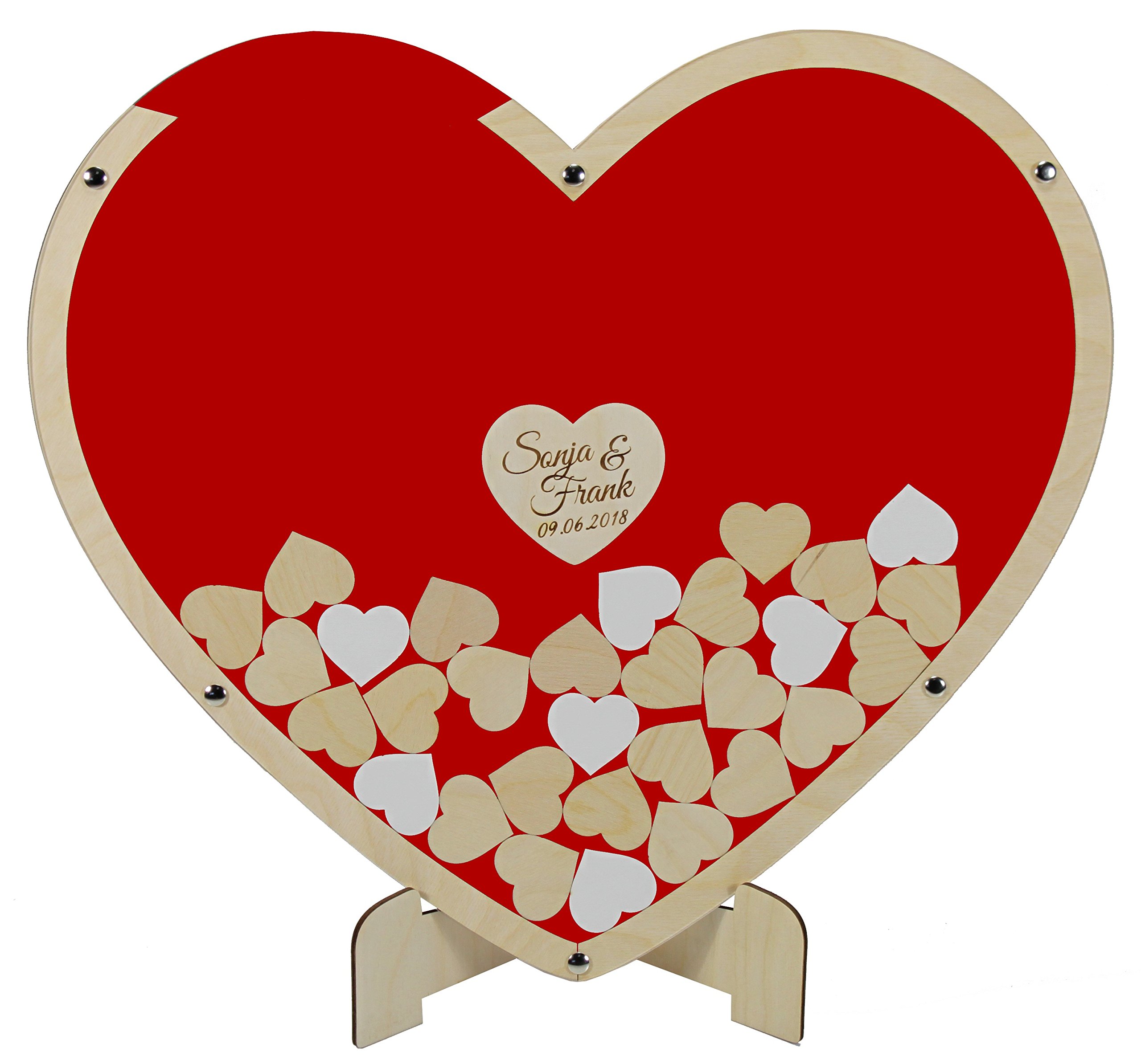 Manschin-Laserdesign Gästebuch aus Holz und Acrylglas zur Hochzeit, personalisiert, Wunschgravur, Wunschfarbe inkl. Herzen (XXL - 53x60cm für ca. 140 Herzen)