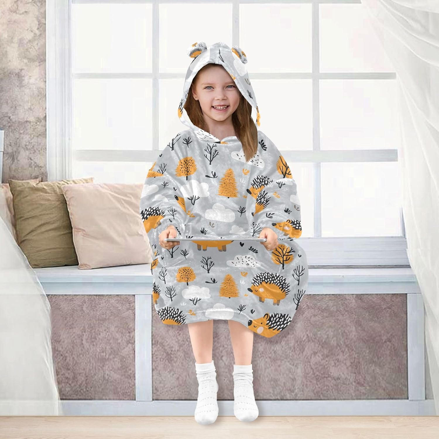 Hedgehog Trees Kids Wearable Blanket Hoodie with Pocket and Sleeves for Toddlers, Cute Hoodies Girls Boys B0403611