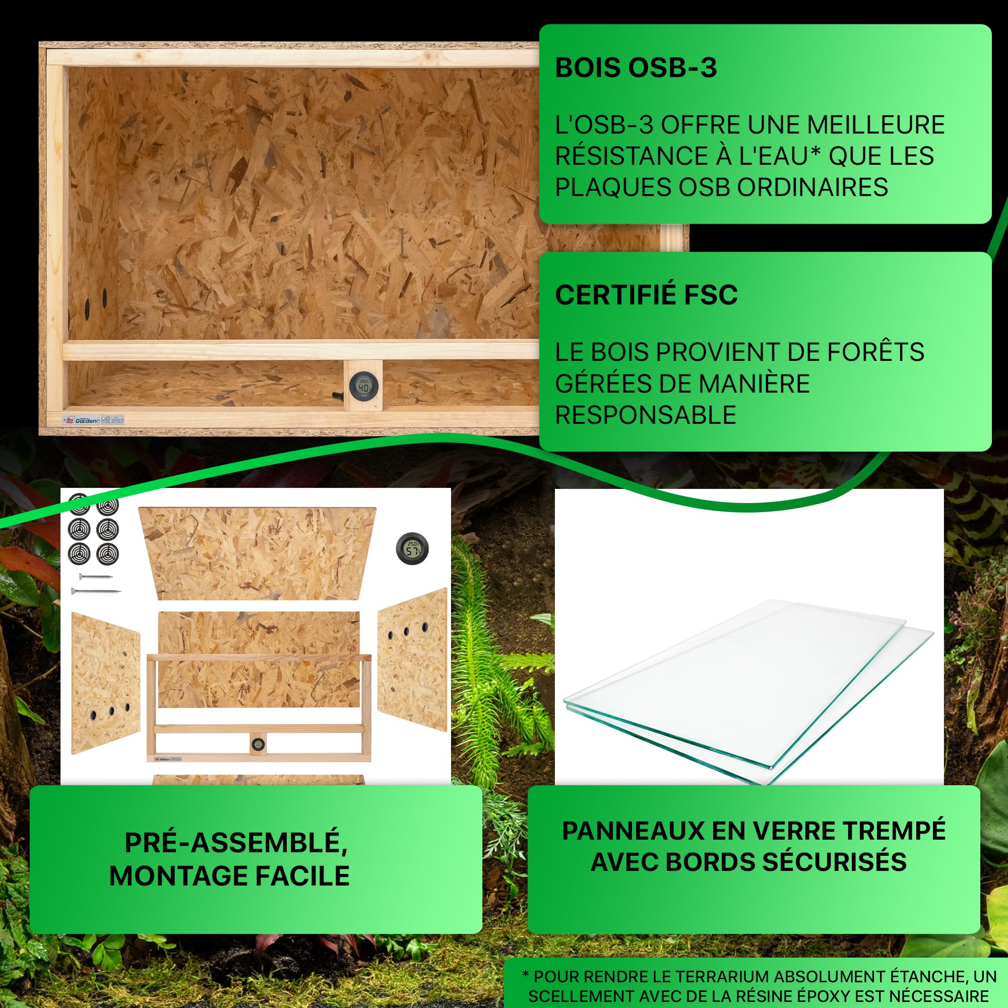 ITA Terrarium Bois 120x60x60 cm avec Ventilation latérale & hygromètre intégré - Terrarium en Bois OSB-3 - pour Reptiles, Serpents, Amphibiens - Produit UE, certifié FSC