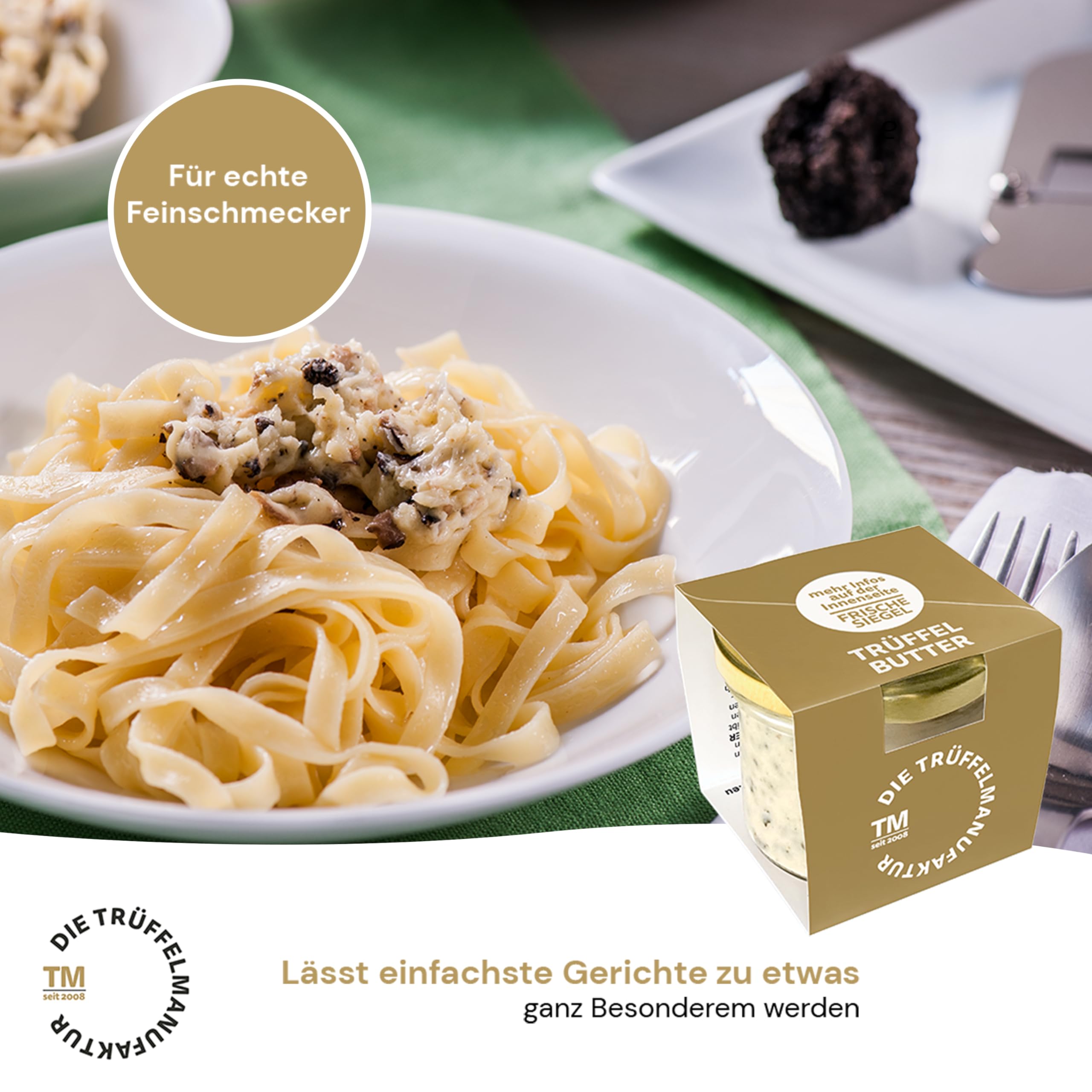 Die Trüffelmanufaktur - Feinkost Trüffelbutter mit 15% echtem frischen schwarzem Trüffel, die Delikatesse für Feinschmecker, weiße Trueffel-Butter im Glas á 95 g