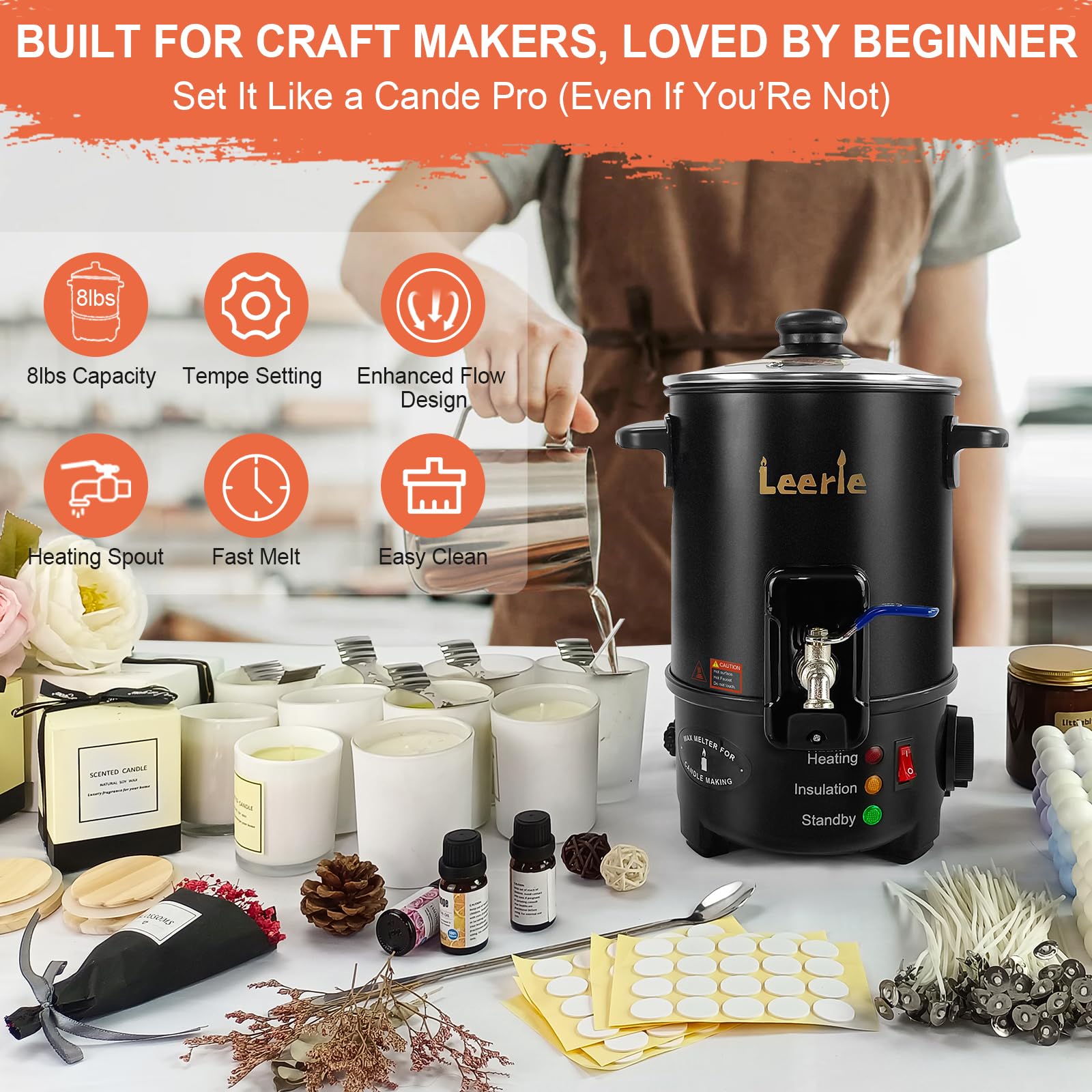 Leerie M4 - Melter de cera de 8 libras para hacer velas, boquilla de latón con núcleo de calefacción y control de temperatura, sin obstrucciones, fácil de limpiar, olla de fusión eléctrica de cera