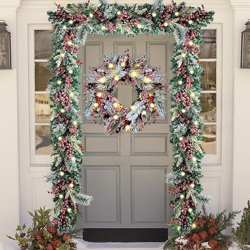 Miniatura 6 de WANNA-CUL Guirnalda de Navidad preiluminada de 6 pies72 pulgadas con luces, guirnalda de repisa de Navidad iluminada con bayas rojas esmeriladas y