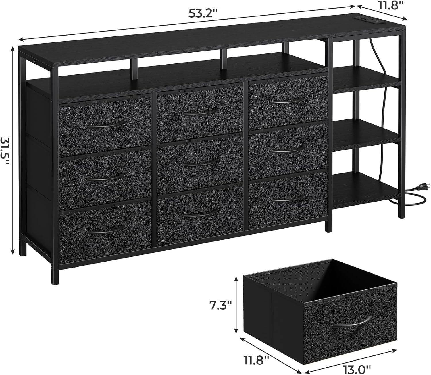 TV Stand for 60 Inches TV,Dresser with Charging Station & LED Lights, 9 PU & Fabric Drawers,Entertainment Center and Industrial TV Console Table with Open Shelves for Living Room, Bedroom,Black - Image 3