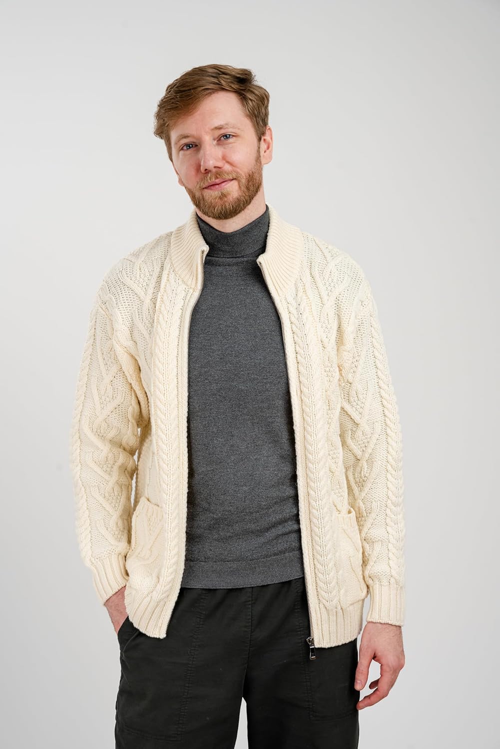 SAOL 100% Merino Wool Men's Zipper Cable Knit Winter Warm Cardigan Sweater with Pockets in Charcoal/Army Green - Image 2