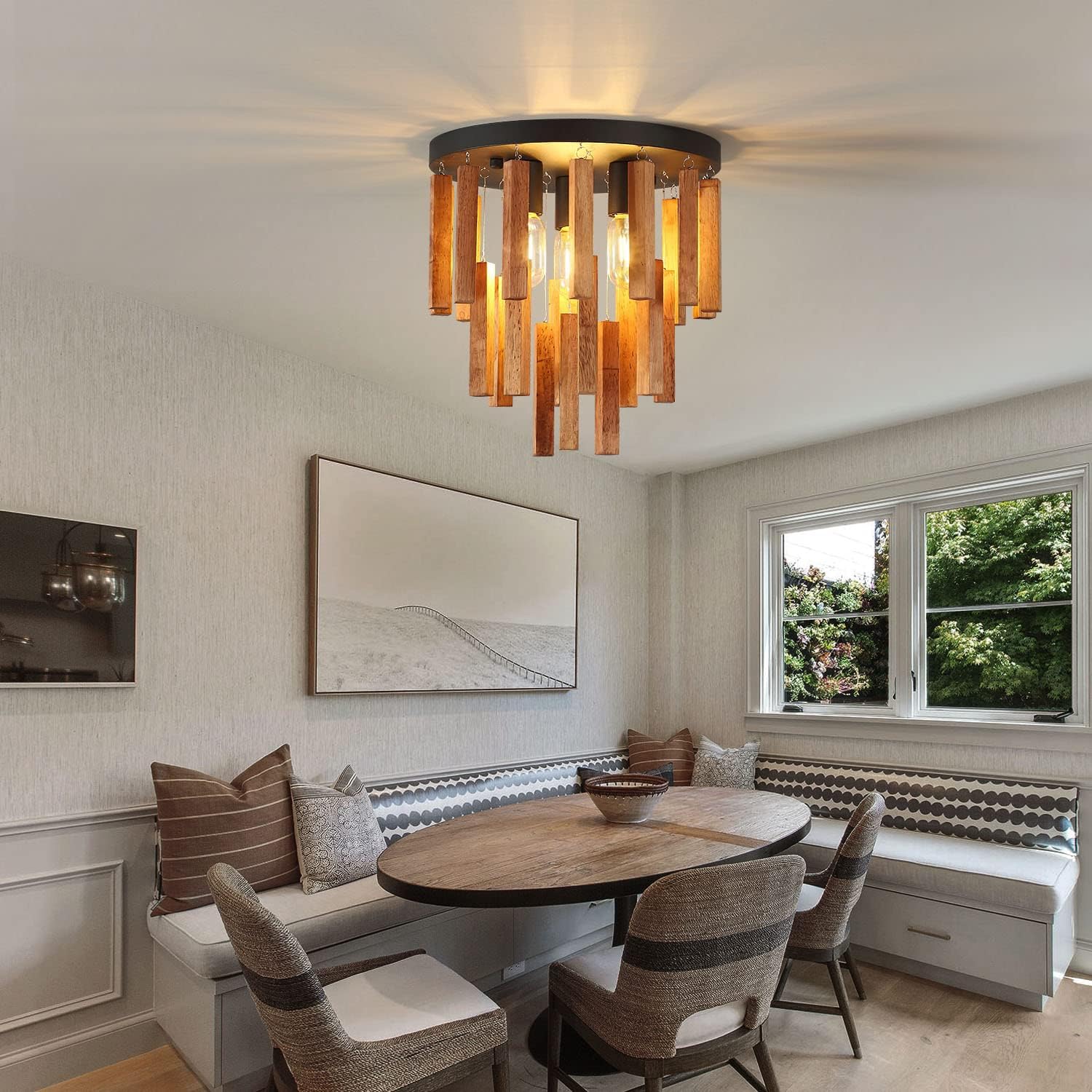 Oak and Black 3-Light Semi Flush Mount Ceiling Chandelier