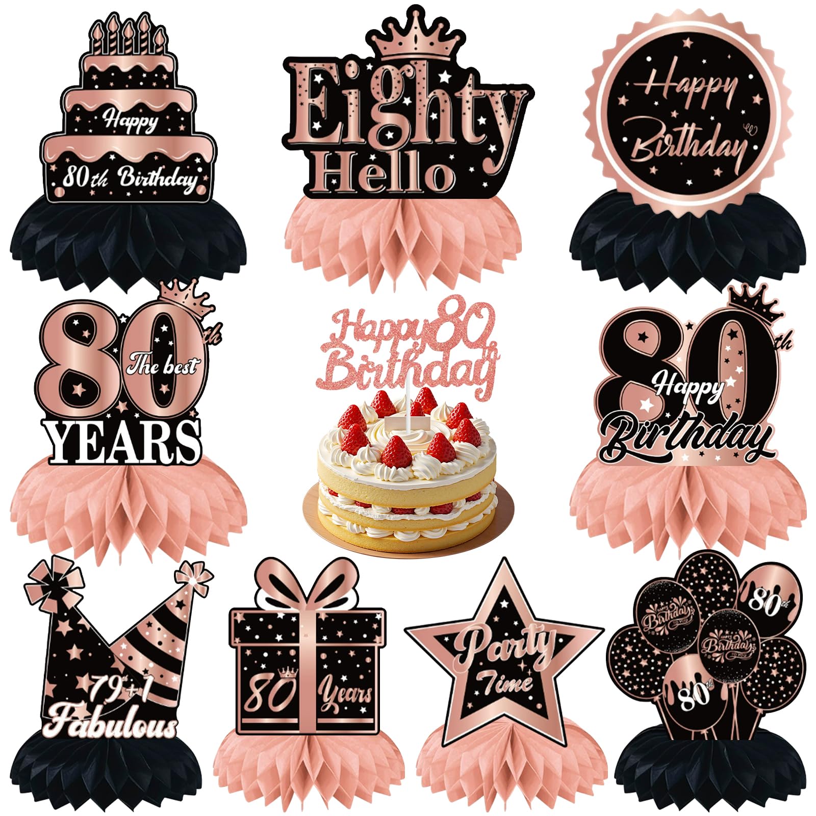 80th Birthday Table Decorations Centerpieces, 10pcs Black Gold Honeycomb Centerpiece Table Decoration and Cake Toppers for Women Men 80th Birthday Party Honeycomb Table Supplies