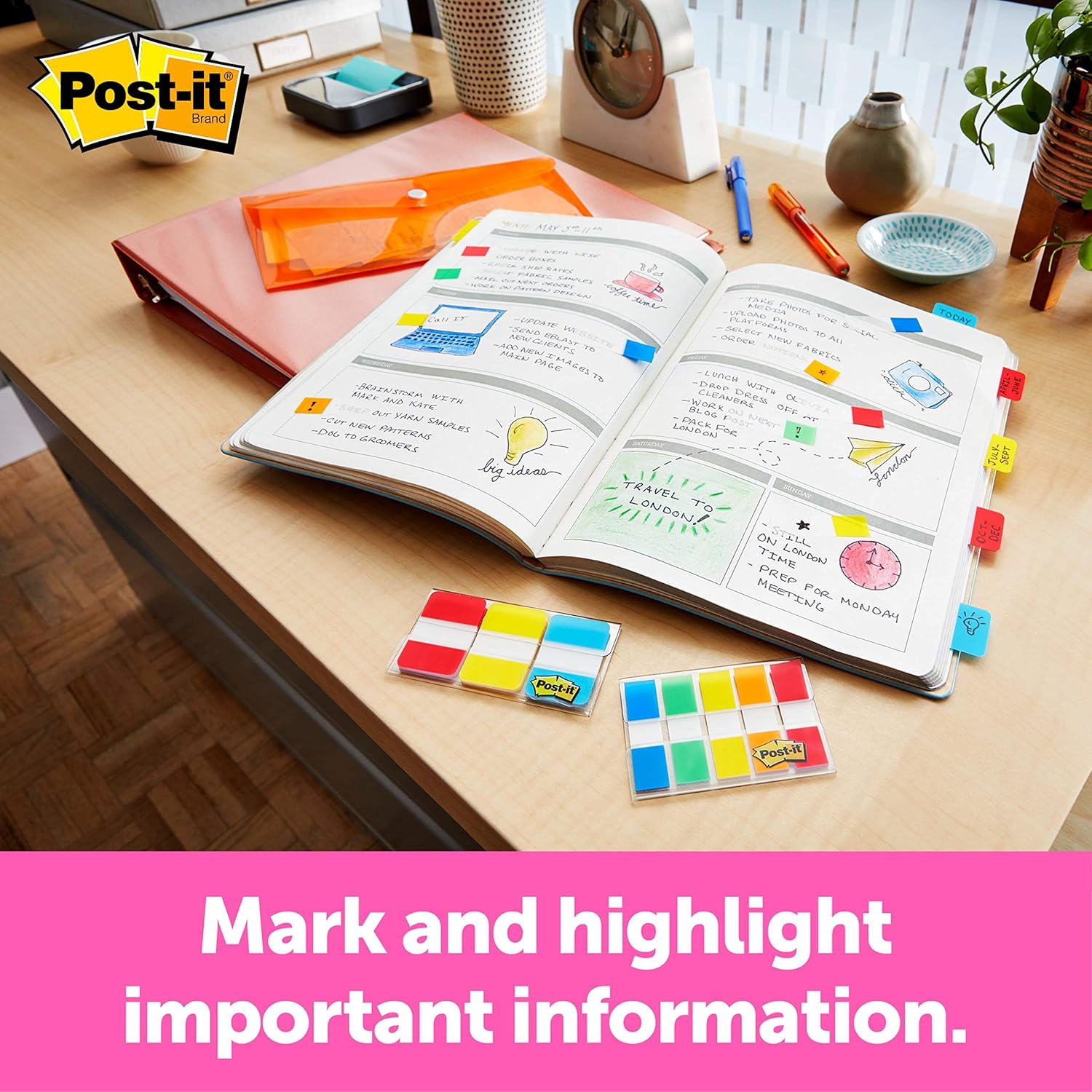 Post-it Flags in Portable Dispenser, 100 Flags/Pack, .47 in x 1.7 in, 20 Each of Red, Bright Orange, Yellow, Green, and Blue (683-5CF)