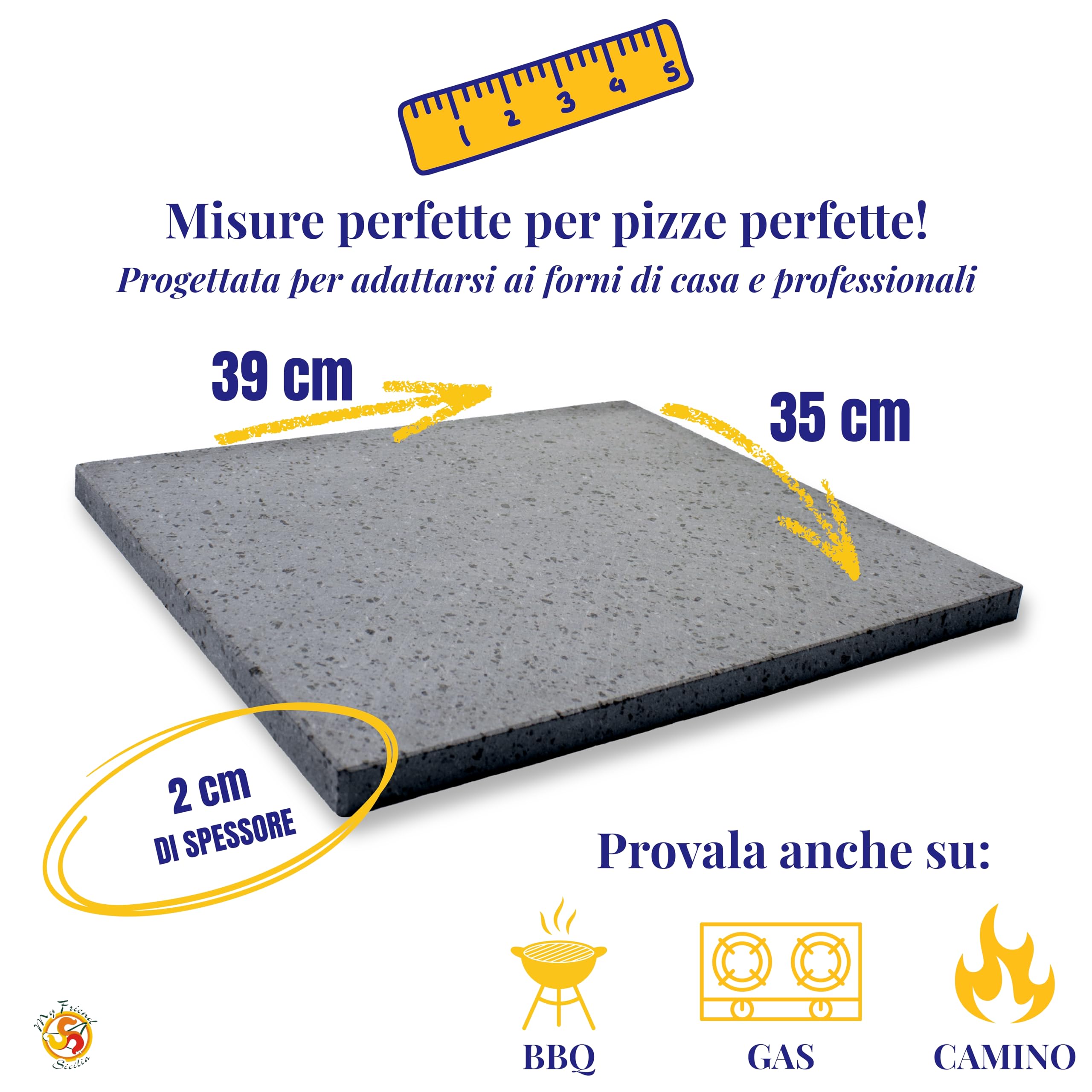 SET PER PIZZA IN PIETRA LAVICA ETNEA 39x35X2 CM - COTTURA NATURALE - IDEA REGALO - KIT PIZZA LASTRA DA FORNO O BARBECUE REFRATTARIA