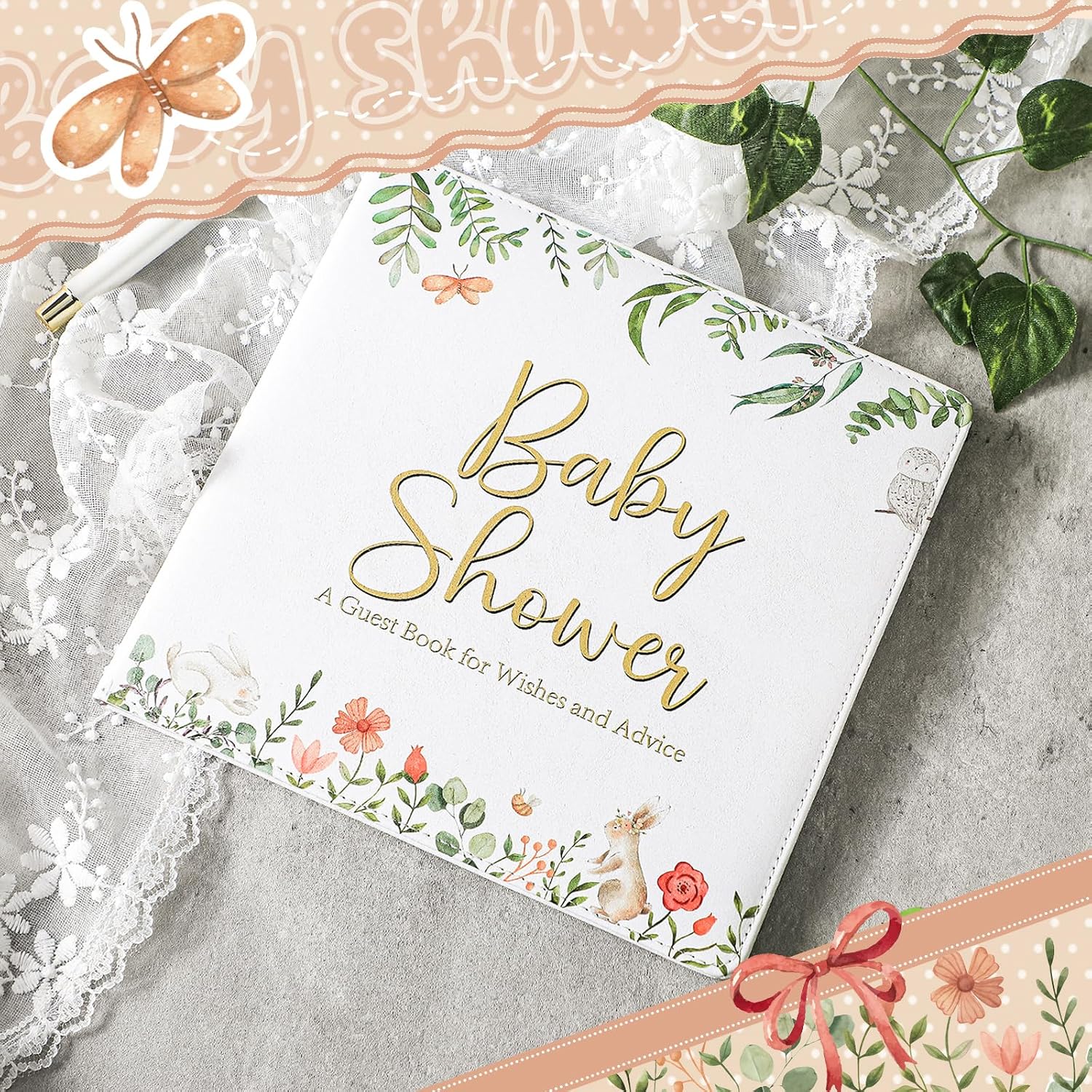 Engrowtic Floral Rabbit Baby Shower Sign in Guest Book with Pen