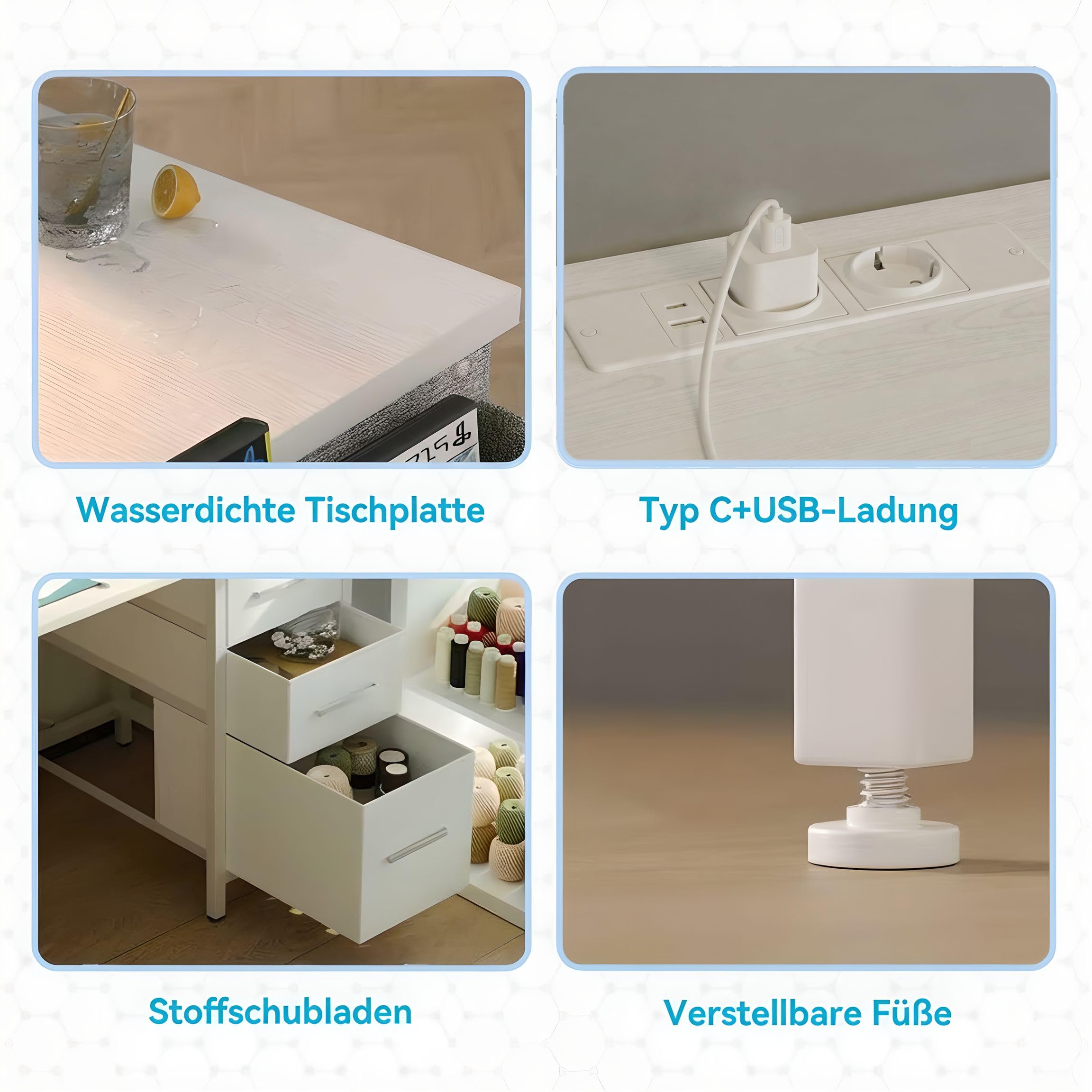 Biurko L-forma z 3 szufladami materiałowymi, 120 * 80 cm odwracalne biurko narożne z podstawką pod monitor, gniazdkiem elektrycznym i portem ładowania USB dla domowego biura, biały