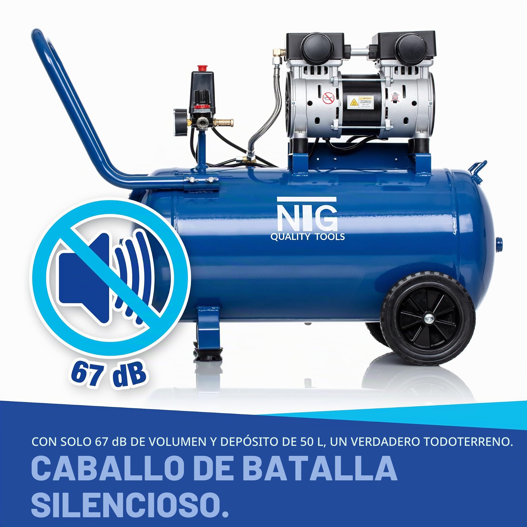 NTG Compresor silencioso de 9 bar, depósito de 50 L, 1470 W, fuerte potencia, sin aceite, especialmente silencioso y flexible, con manómetro y regulador de presión, depósito de 50 L (depósito de 50 | Con manómetro y regulador de presión – Uso flexible en
