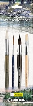 ESCODA | Watercolour | Natural Landscape Watercolour Set | 4 Brushes | Sizes 2, 14, 12, 10 | Synthetic Fiber, Synthetic-Natural Fiber, Natural Hair | Round Pointed, Round Mop, Filbert Long Length