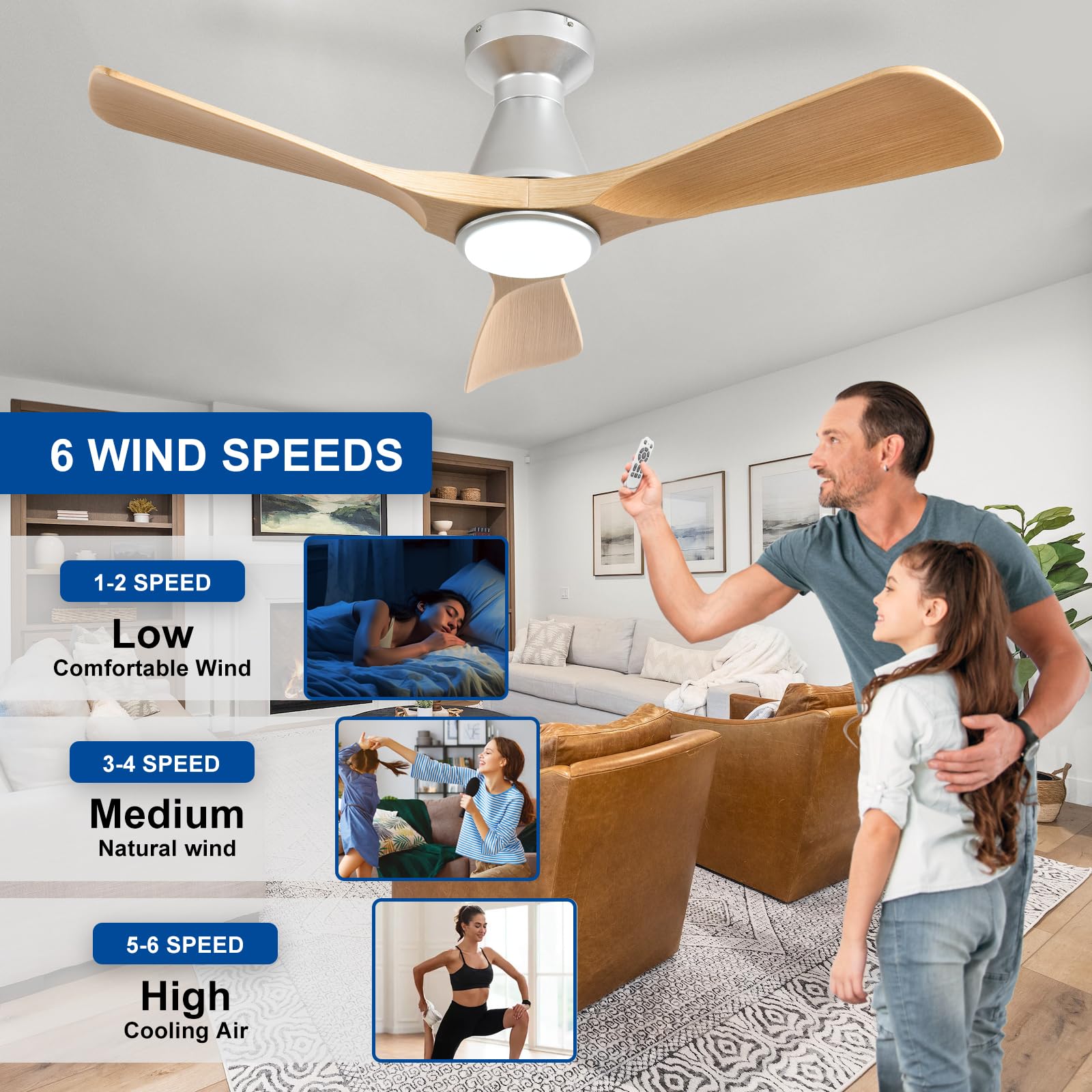 Depuley Ventiladores de techo de 42 pulgadas con luz: Ventilador de techo empotrado de 3 aspas con acabado granulado para cocina - Ventilador exterior regulable con control mediante aplicación móvil