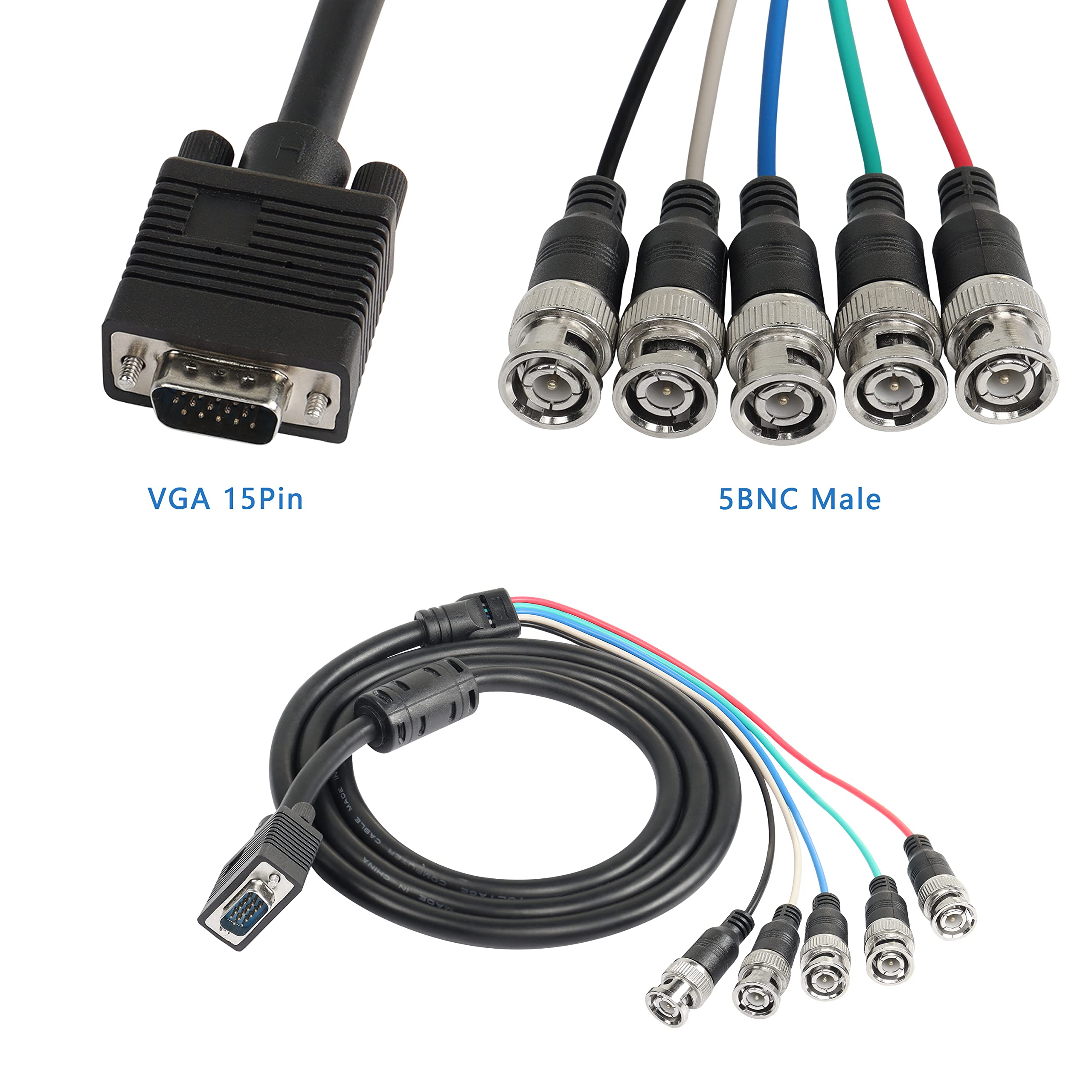 MEIRIYFA VGA a BNC cavo video, HD15 VGA a 5 BNC RGB maschio coassiale ad alta risoluzione per HDTV cavo monitor (nero) - 1.5M