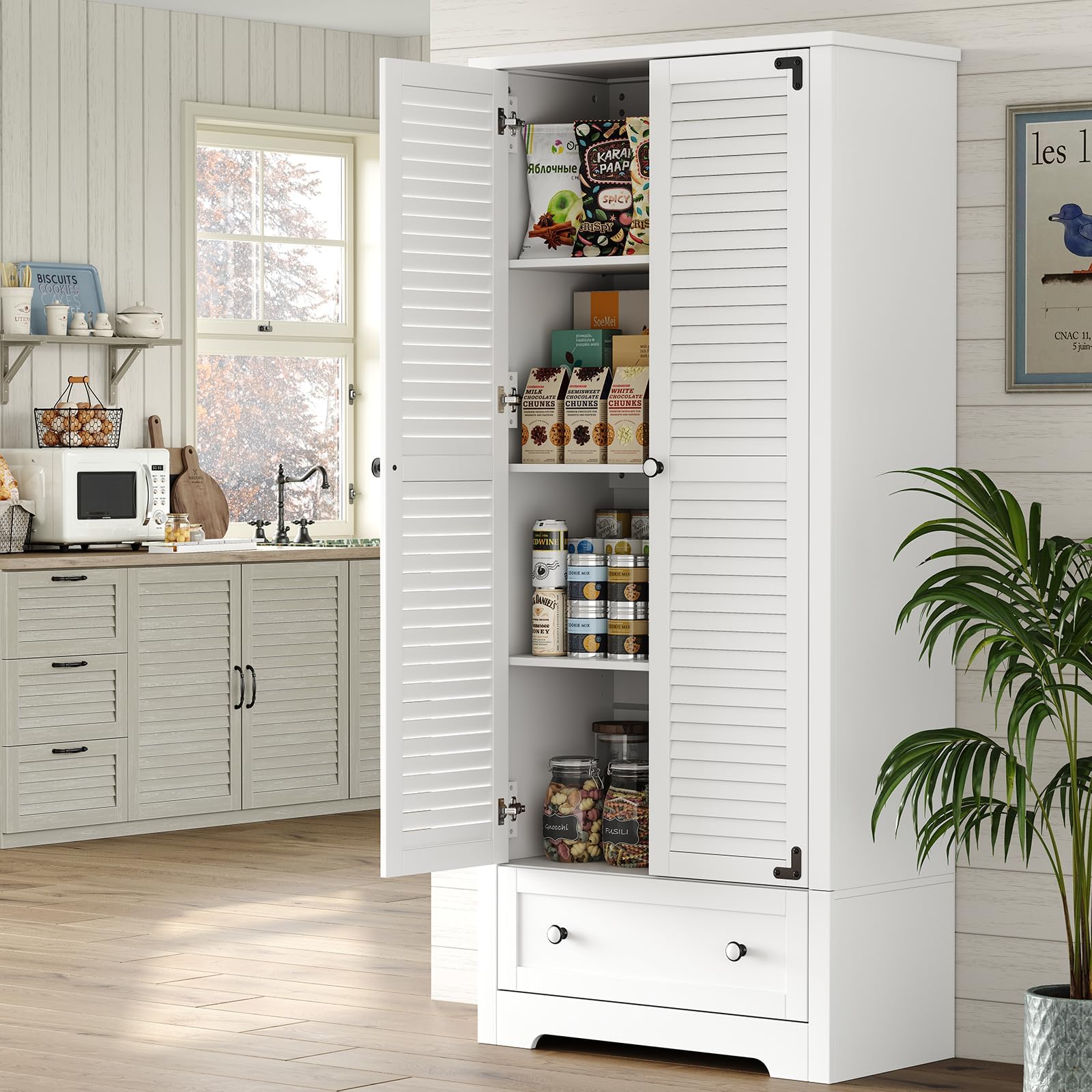 71" Tall Kitchen Pantry with Louver Doors, Wooden Food Pantry Storage Cabinet, Cupboard Buffet Cabinet for Kitchen Dining Living Room