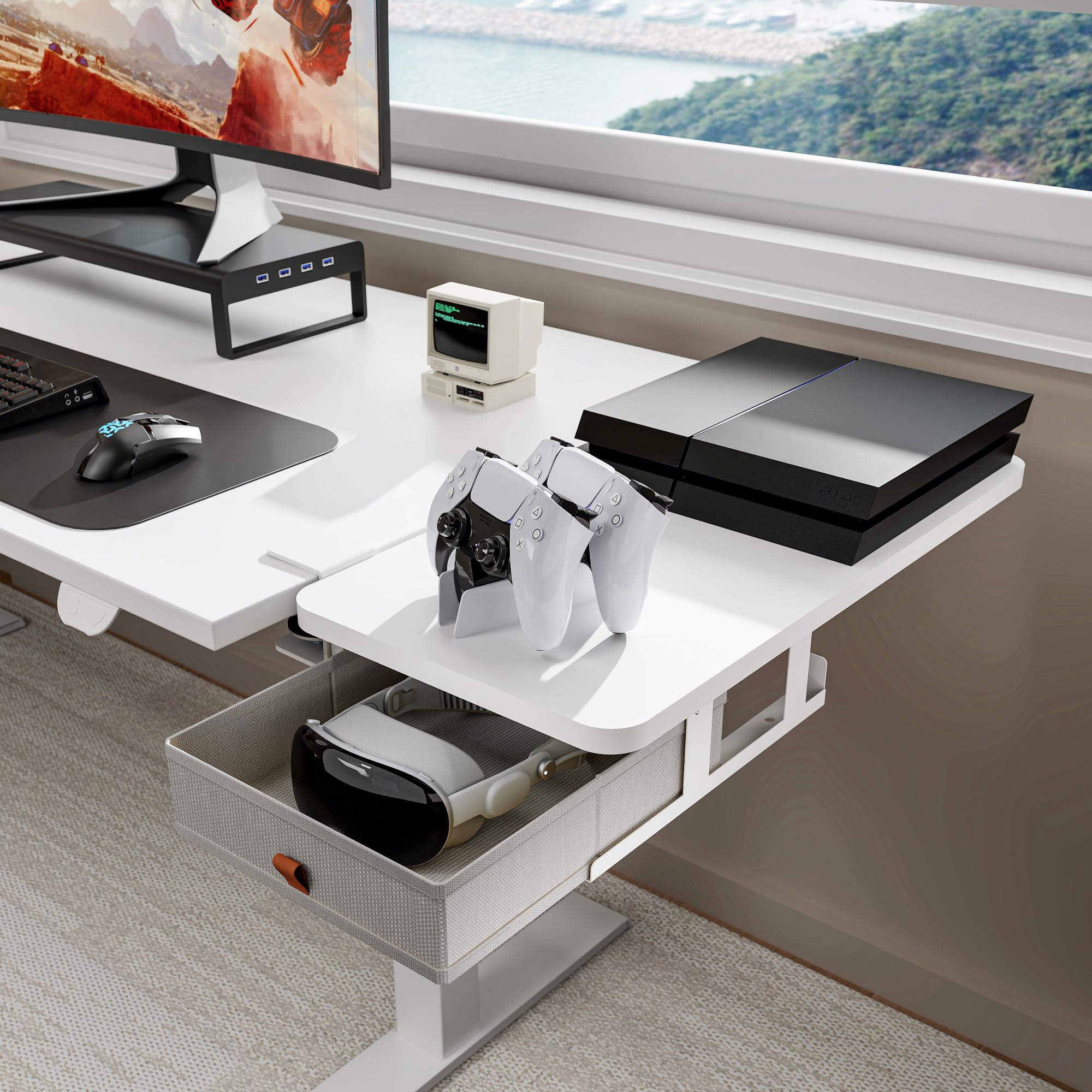 PEGZONE Extensión de escritorio con cajones de almacenamiento, 600 x 300 mm, ampliación ergonómica para escritorio, bandeja para teclado, estante para reposabrazos, adecuado para el hogar y la oficina