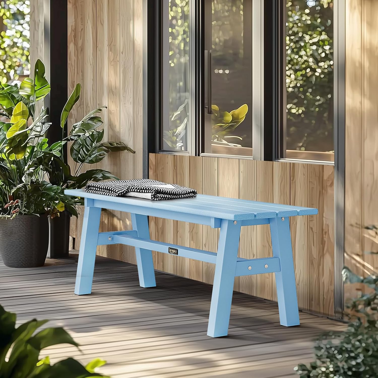 VINGLI 47” Outdoor HDPE Bench, Weatherproof Garden Bench w/Metal Legs, Poly Lumber Porch Benches, 660 LBS Capacity Outdoor Backless Patio Benches for Entryway Deck (Blue)