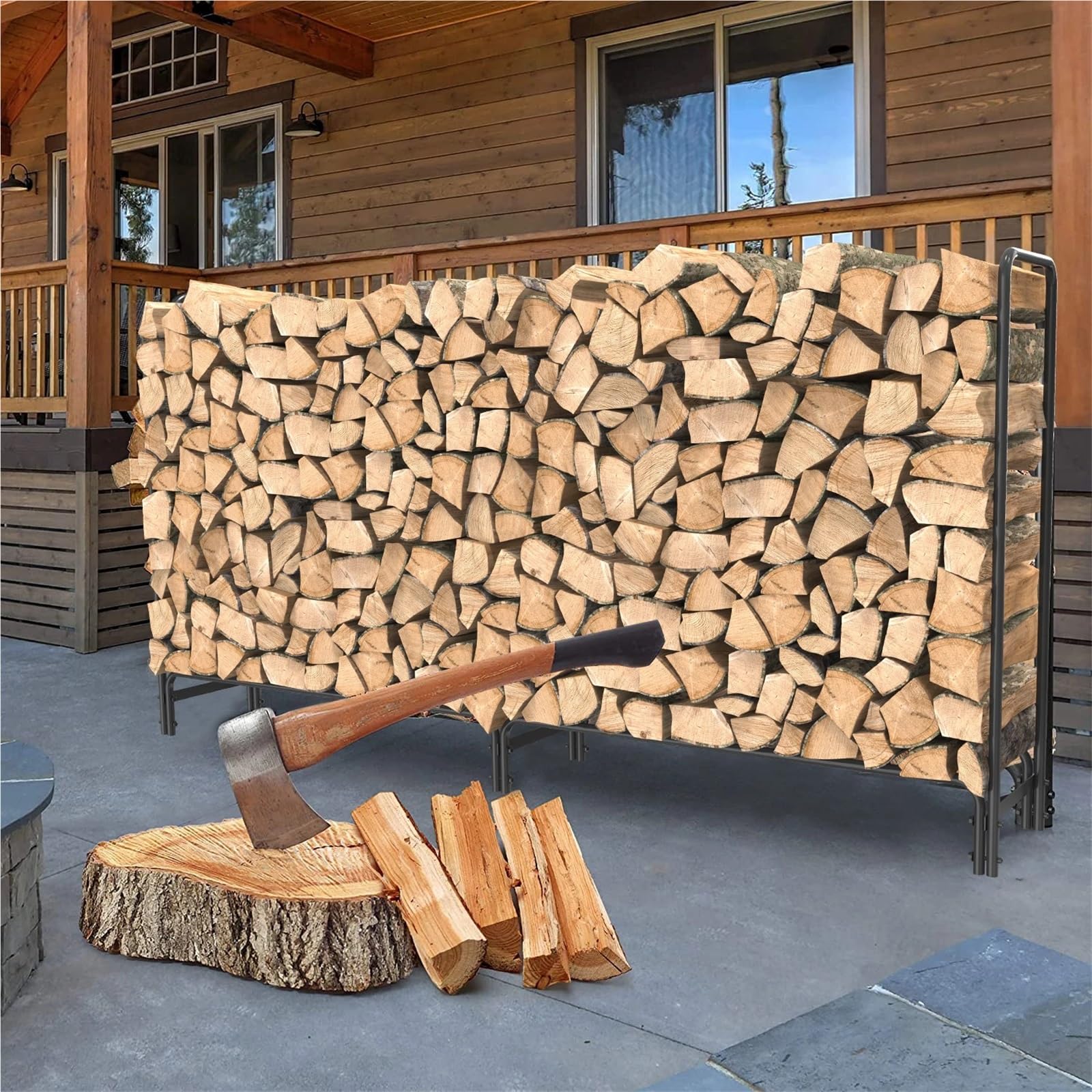 Rack per Legna da Ardere Portalegna for esterni for camino, robusto portalegna in metallo for patio e terrazza(Black 8ft)