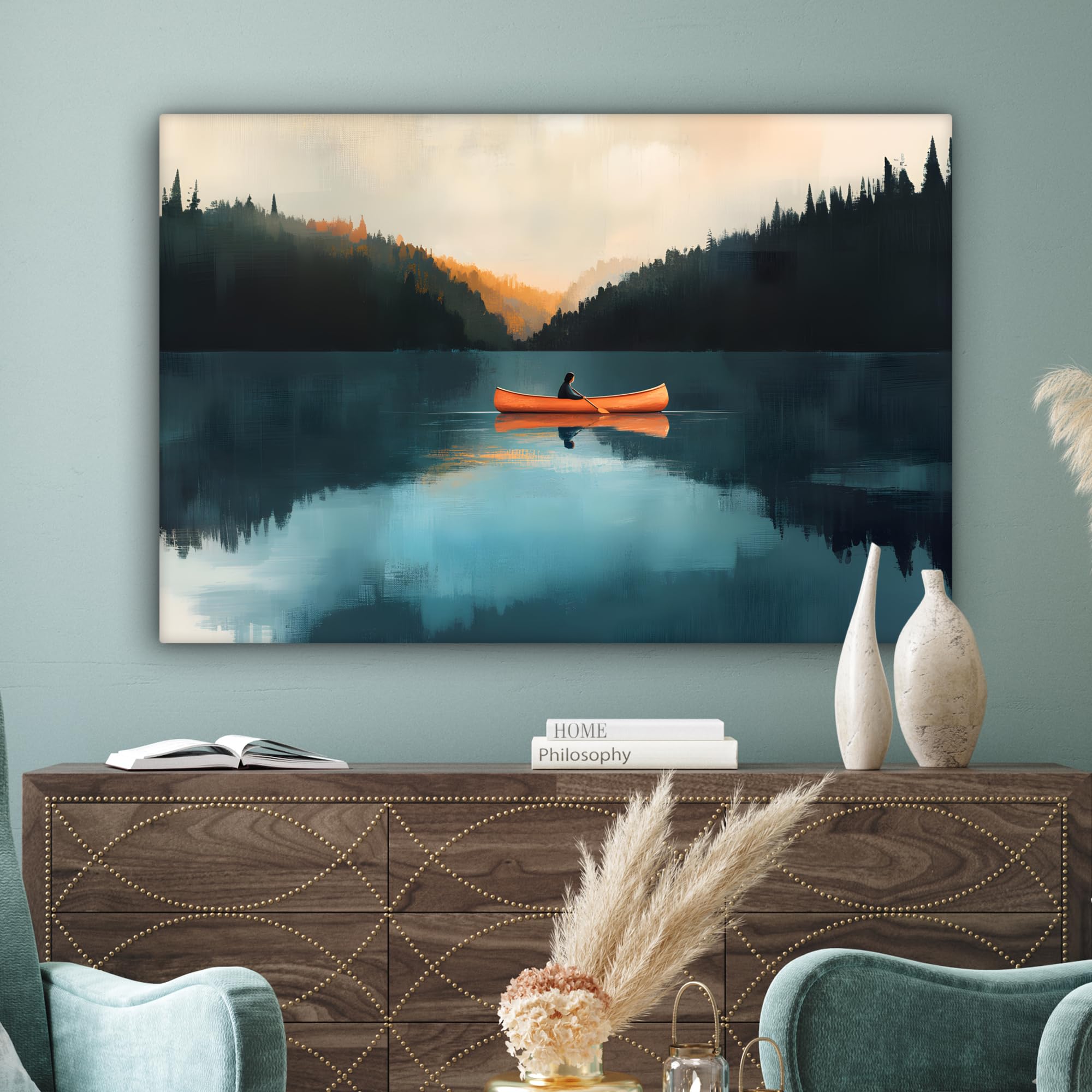 MuchoWow© Impression sur Toile Decoration Murale Peinture 120x80 cm Tableaux Decoratifs Muraux Déco Chambre Tableau Salon Forêts - Lac - Canoë - Orange