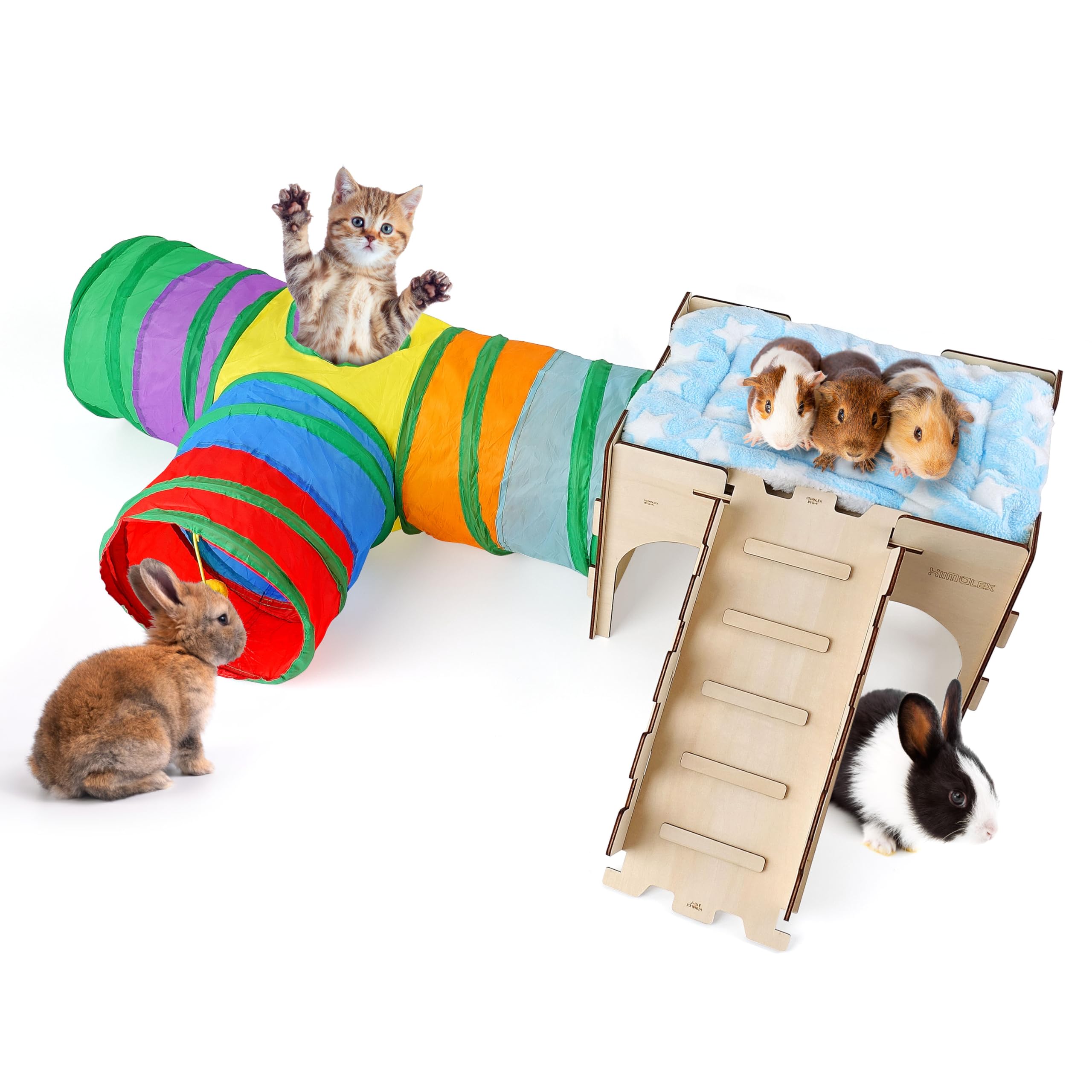 hiimalex Caja de regalo de conejo: castillo de conejo con rampa, cama de felpa, túnel colorido para conejos de interior para jugar, esconder casa con escaleras, tubo, cama de felpa para conejos,