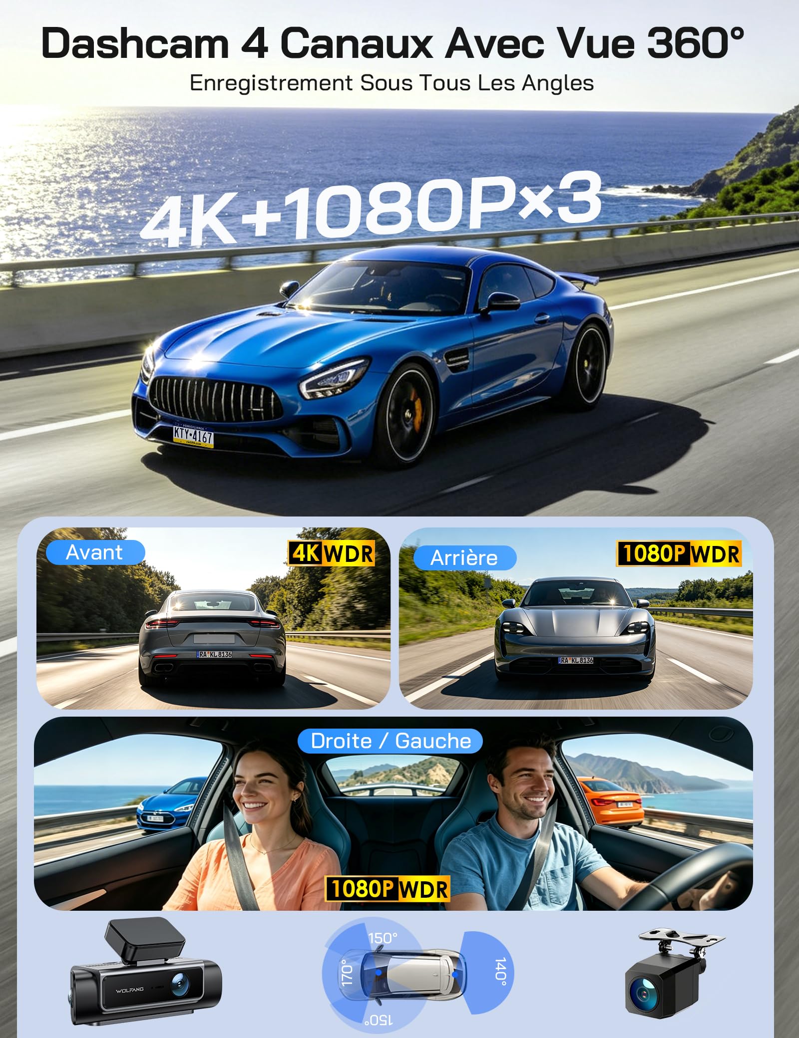 WOLFANG 4 Canaux Dashcam Voiture, Dashcam 4K Avant et 1080p*3, 24H Mode Parking, Caméra Embarquée 610°& 5.8GHz WiFi & Application, G-Capteur, WDR, Vision Nocturne, Enregistrement en Boucle