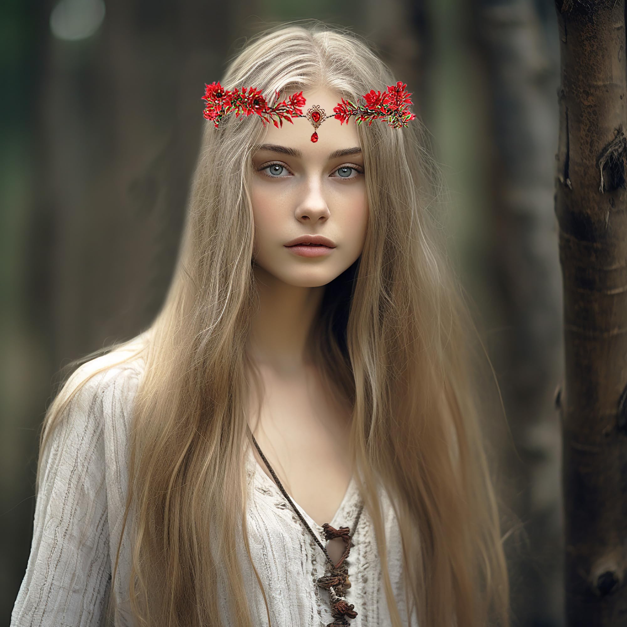 Brikuinr Flower Head Crown Floral Headband Wedding Hair Wreath Flower Halo Headpiece with Rhinestone Party Prom Cosplay - Image 2