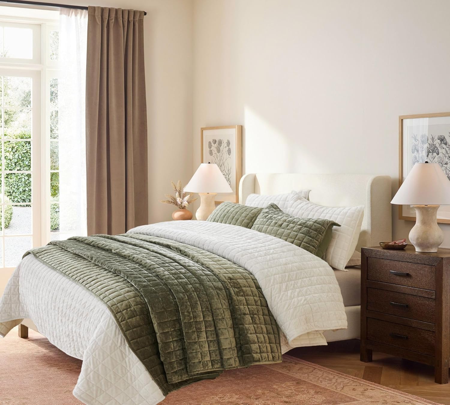 Luxurious Velvet Quilt King Size Set 98" x106" Ultra Soft Bedding Set Quilted Bedspread Coverlet with 2 Matching Pillow Shams for All Seasons,Army Green - Image 3