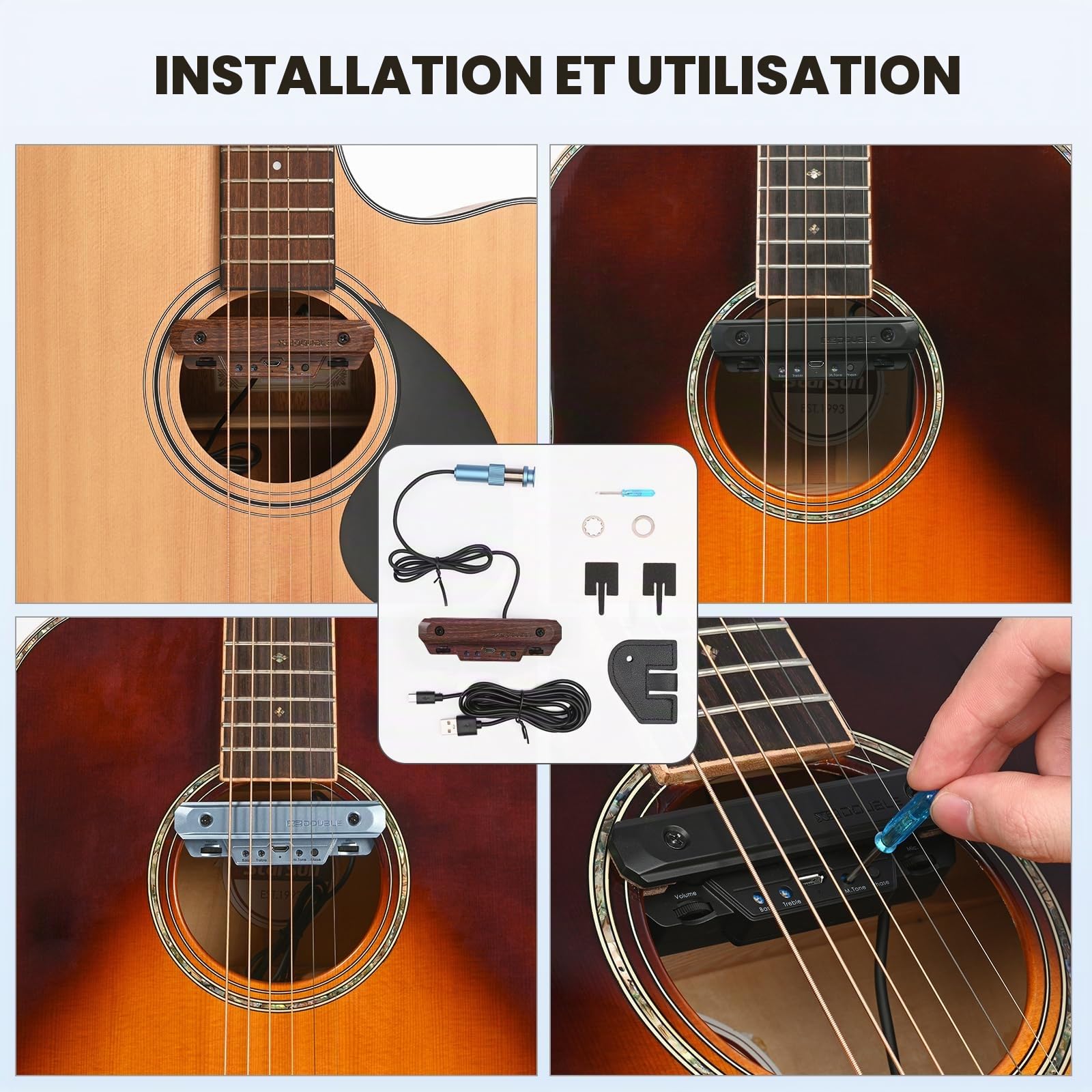 Micro de guitare acoustique rechargeable actif pour guitare acoustique - Micro réglable pour guitare - Bobine magnétique - Contrôle du volume intégré - Microphone acoustique (grain de bois)