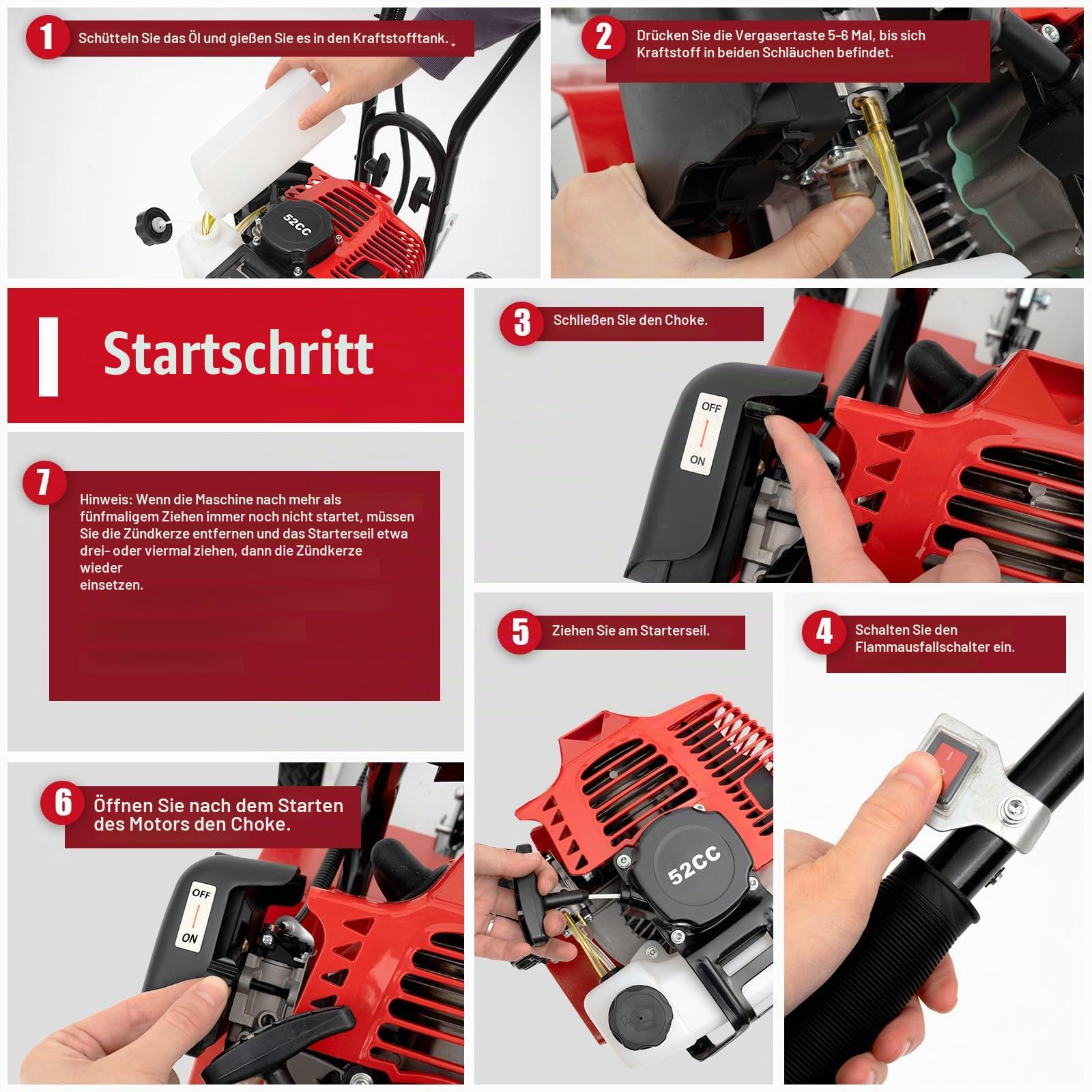 52CC 2-Takt Gartenfräse Motorhacke, 1900W Gartenfräse Benzin Kultivator Bodenhacke Bodenfräse Fräse, Benzin-Bodenbearbeitungsmaschine Motorhacke Radantrieb Ackerfräse Bodenfräse Kultivator