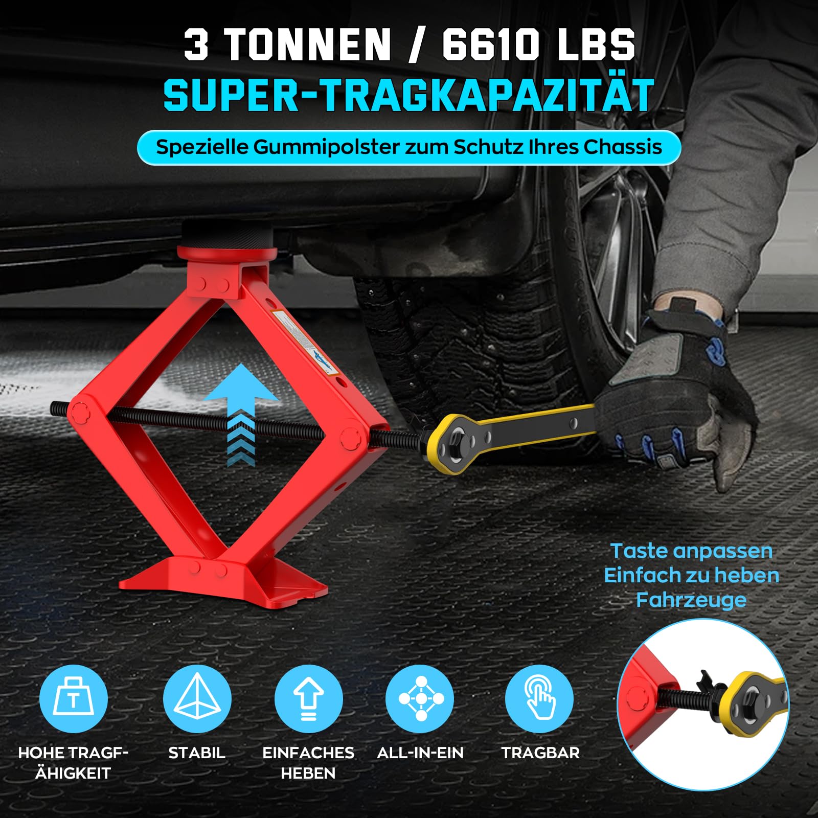 IMAYCC Nuevo Gato para Coche3T/3000kg, Kit de Gato Coche Universal con 2 Piezas Bloque de Goma, Portátil Kit de Emergencia con Llave de Tuercas de Rueda para SUV MPV Tesla