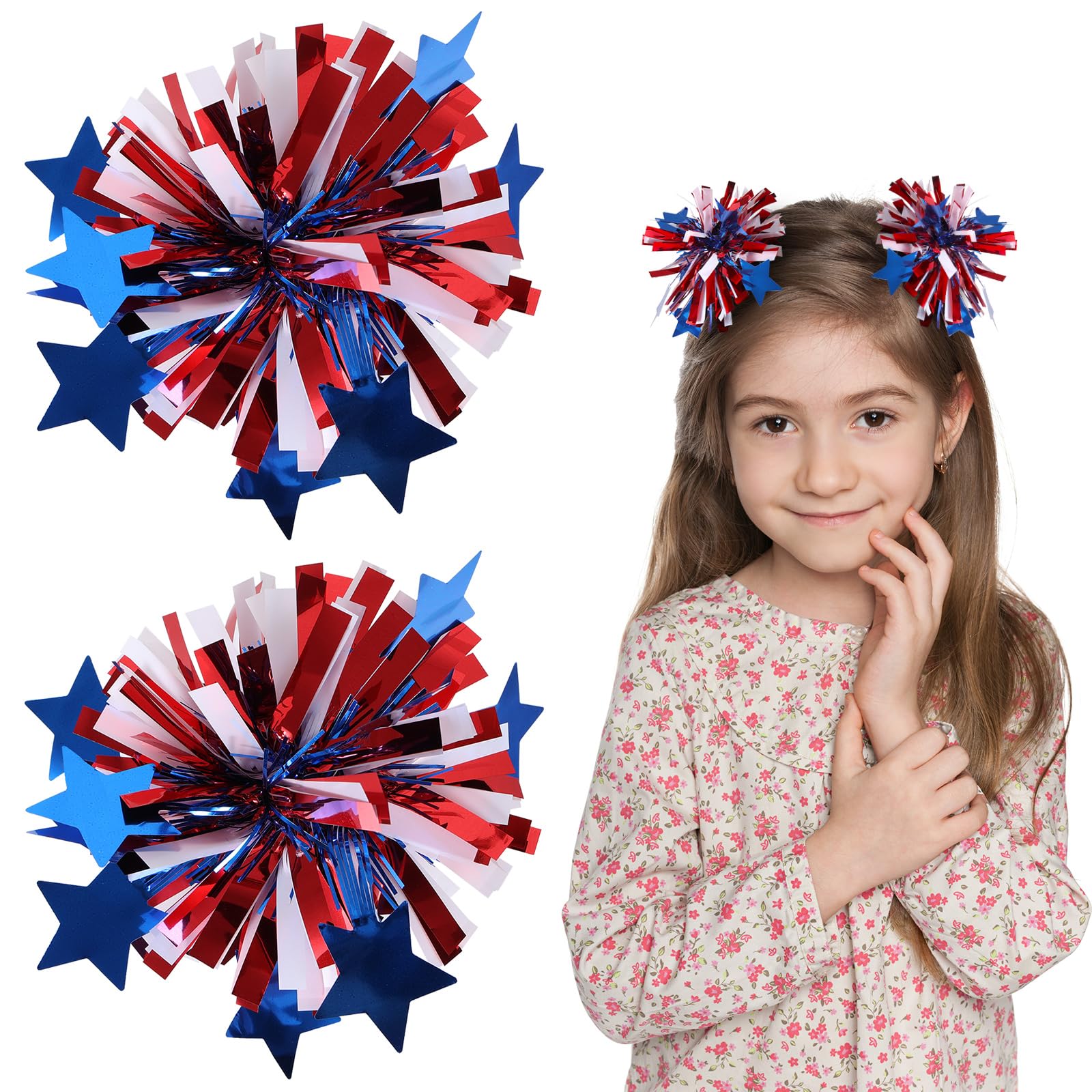 4th of July Glitter Metallic Pom Pom Hair Clips for Teens Toddler Girls Patriotic Red White Blue Star Cheer Bow Barrettes Alligator Pins Women Kids