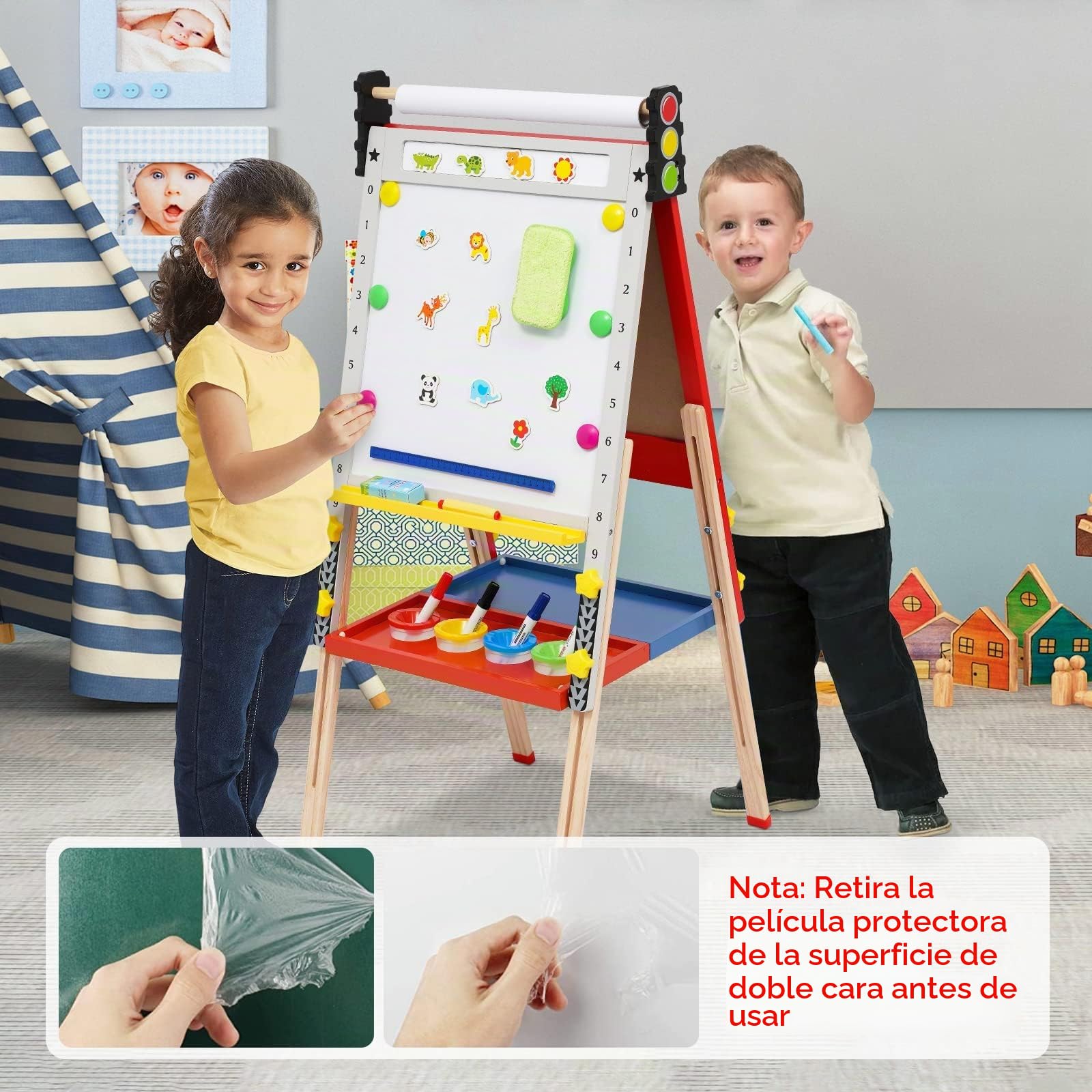Pizarra Infantil Caballete para Niños Diseño de lazo Pizarra Blanca y Altura Ajustable Tablero de Dibujo de Doble Cara para Niños (Rojo)