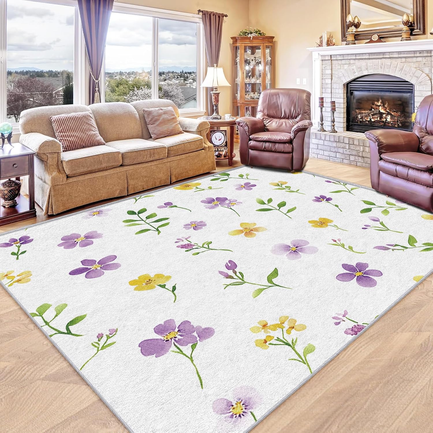 Spring Floral Throw Rug 2x3, Washable Summer Flower Rugs for Entryway Bedroom Kitchen, Green Leaf Area Rug for Home Decor, Non Slip Backing Indoor Floor Mat Carpet with Gripper - 2 x 3 ft