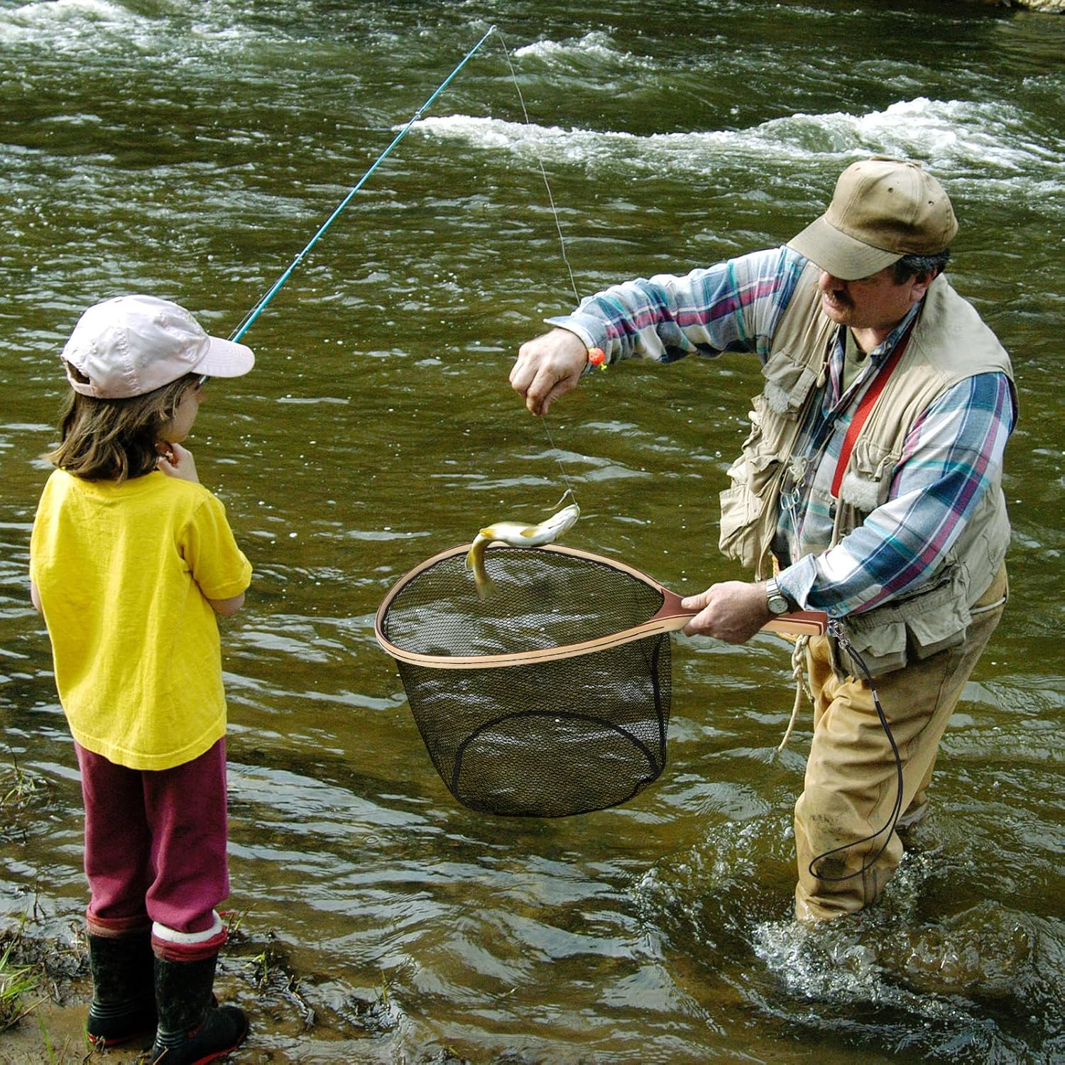 Fly Fishing Net Wooden, Soft Mesh Trout with Handle, Catch and Release Landing for Freshwater and Saltwater, Bass, for Anglers & Fly Fishing Enthusiasts