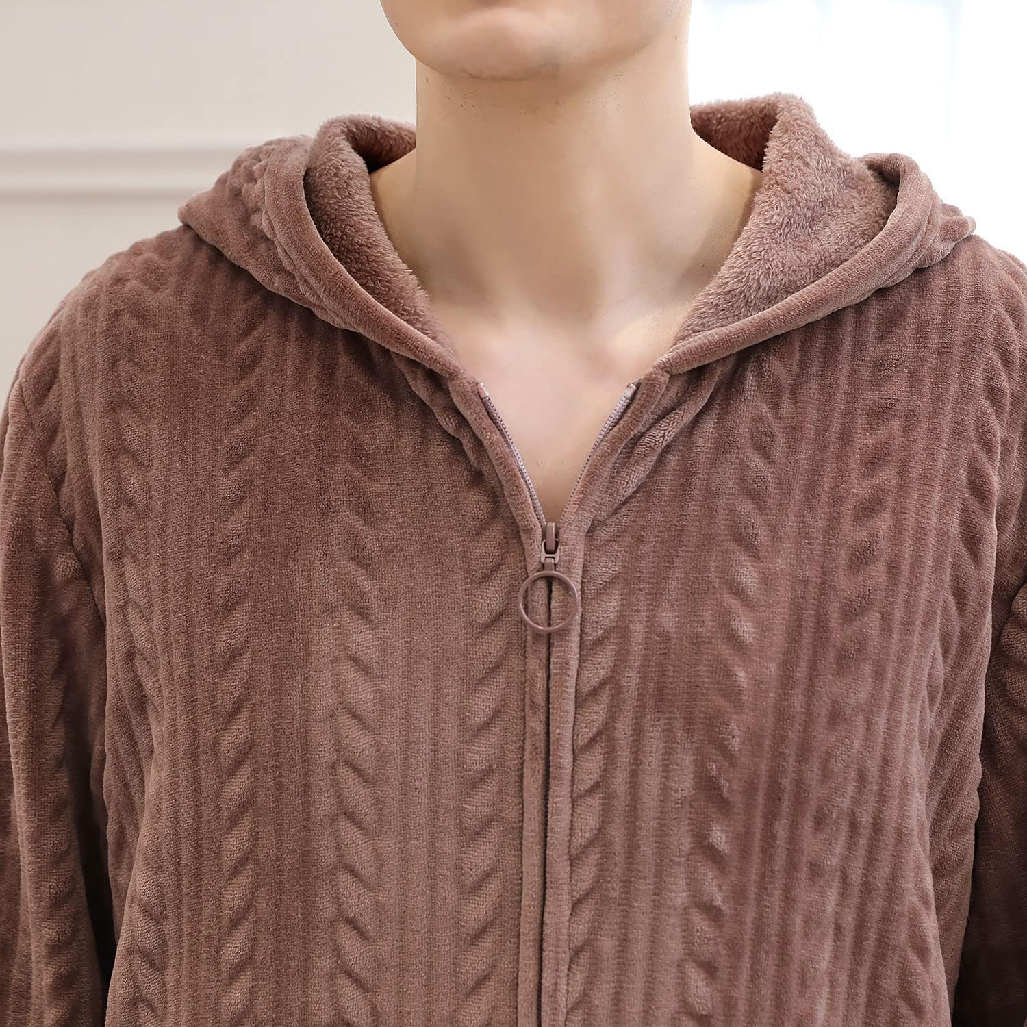 Lu's Chic Men's Hooded House Coat Zipper Flannel Pockets Loungewear Soft Warm Long Fleece Robe