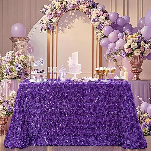 Miniatura 7 de B-COOL Mantel rectangular con diseño de rosetas de 90 x 132 pulgadas, mantel de satén floral 3D morado para decoración de mesa de fiesta de ceremonia