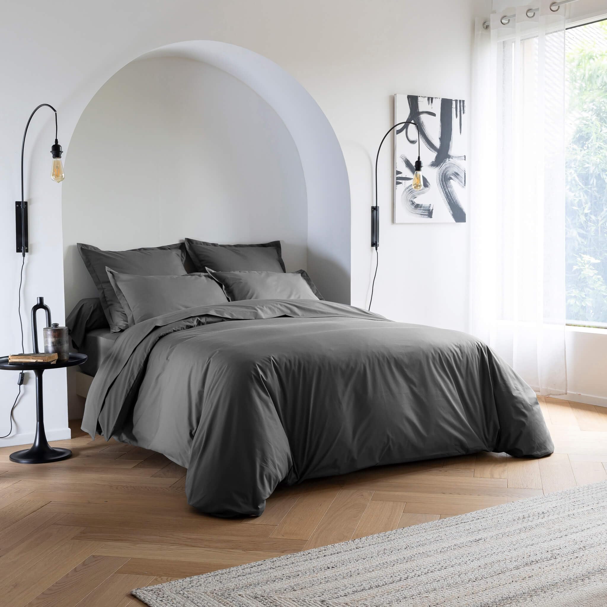 Someo - Housse de Couette Coton Percale Anthracite 140x200 - SOMEO - Anthracite - Uni - 80 Fils/cm² - Rabat