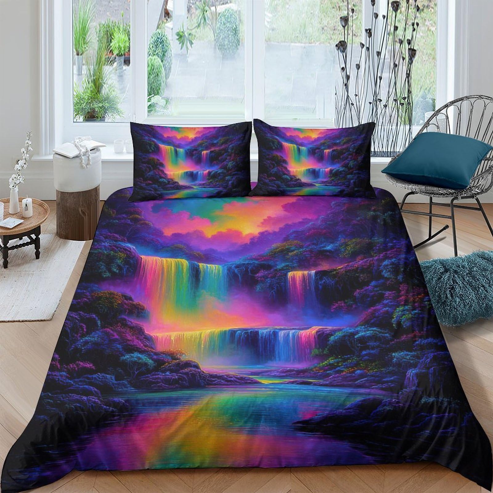 Ctjqhvkz Style-9 3D Printed Neon Waterfall Fitted Sheet Microfiber Deep Purple Rainbow Mattress Cover Bedroom Decor Washable Single（135X200cm）