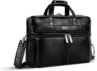 - Genuine Leather Laptop Bag Premium Office Bag with Adjustable Strap and Multiple Compartments 1 Year Warranty Fits 15.6 Inch Laptop - Black