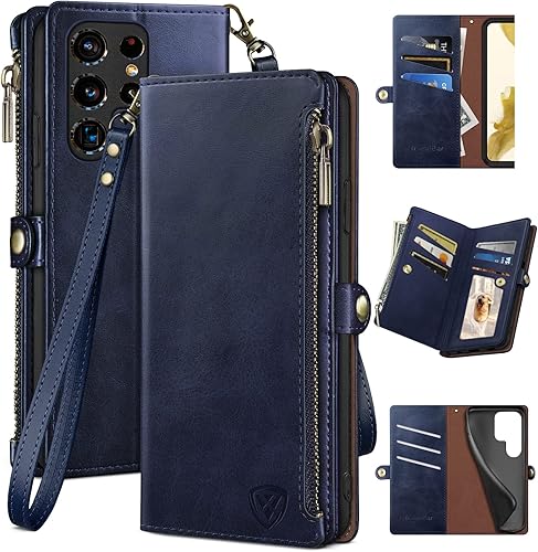 XcaseBar for Samsung Galaxy S22 Ultra Wallet case with Zipper RFID Blocking Credit Card Holder, Flip Folio Book PU Leather Phone case Shockproof