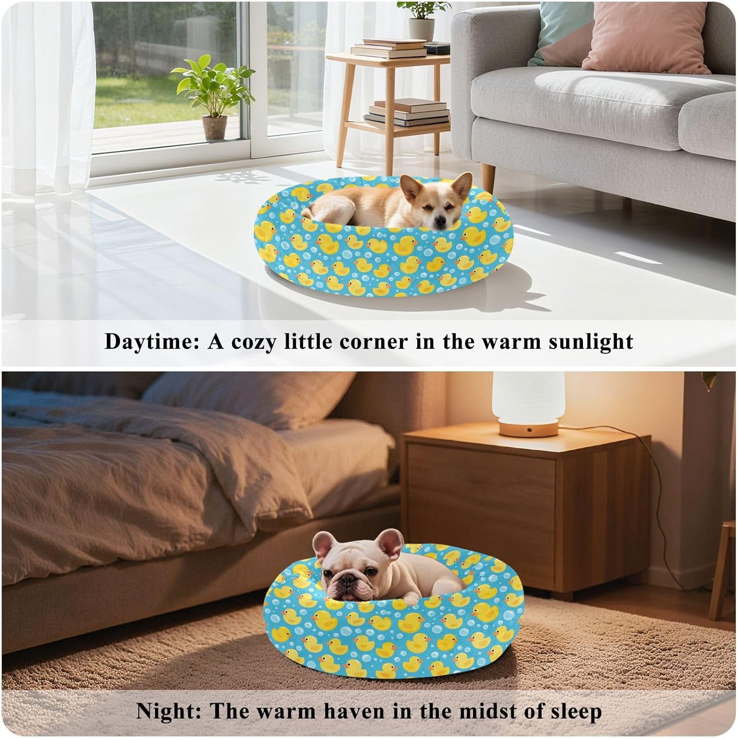 Pet Dog Beds Anti-Slip Fluffy Cat Pillow Bed for Small Size Pets Sleeping M Cute Ducks Bubbles Blue