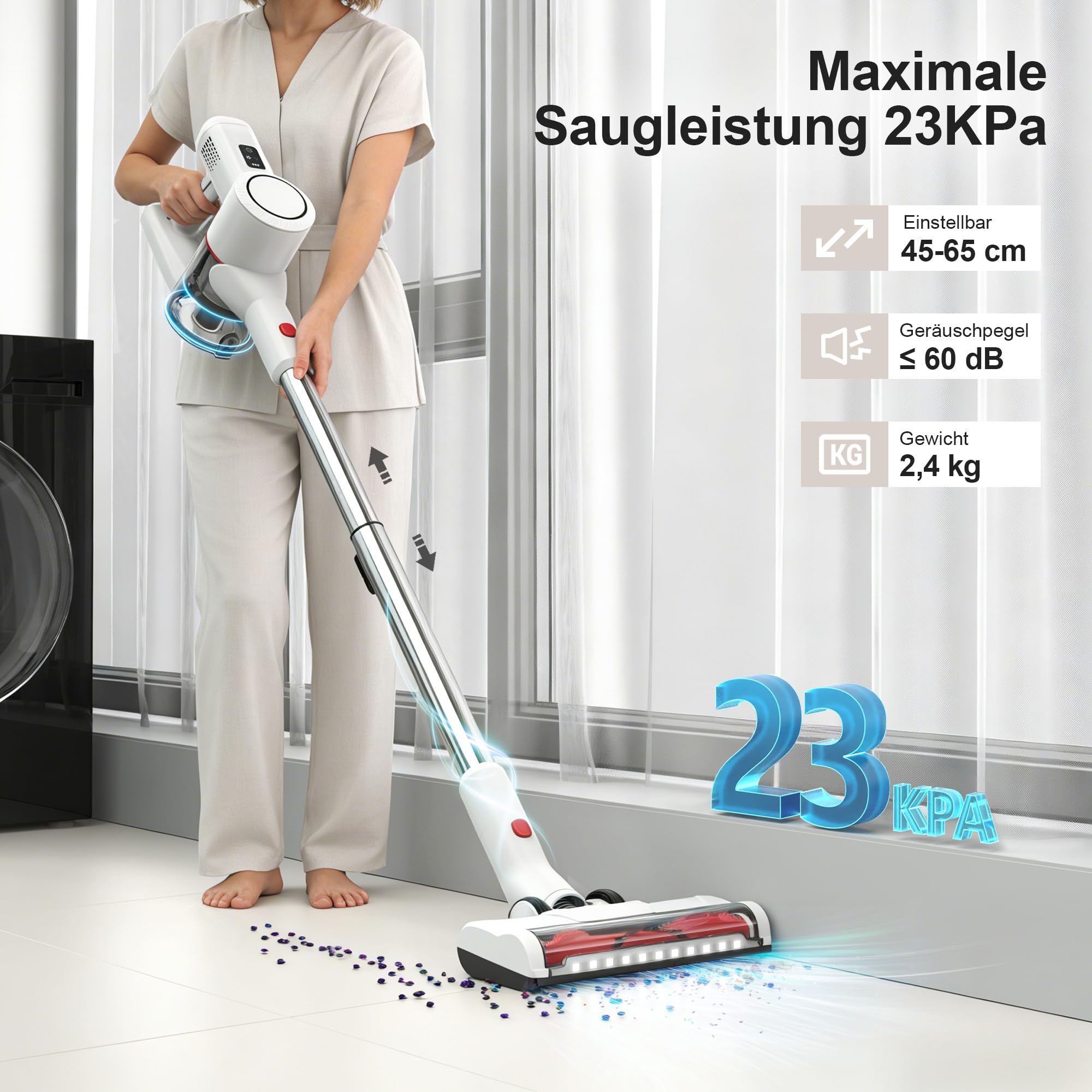 Akku Staubsauger Kabellos Vacuum Cleaner - Kabelloser Akkustaubsauger mit Led-Display Cordless Akkusauger Stielstaubsauger Tierhaare Leise Stabstaubsauger ohne Kabel für Teppiche Hartböden Auto - 3