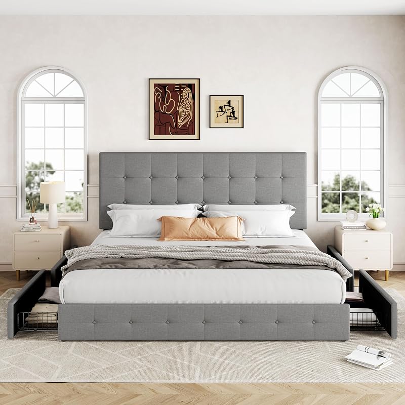 Allewie King Size Storage Bed Frame with 4 Underbed Drawers, Upholstered Platform Bed with Adjustable Headboard, Square Button Tufted, Easy Assembly, Noise-Free, No Box Spring Needed, Light Grey image 3
