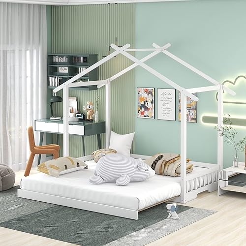 Miniatura 22 de Marco de cama de madera de tamaño individual con cama extragrande extensible, plataforma de suelo con techo y barandilla en forma de valla, no