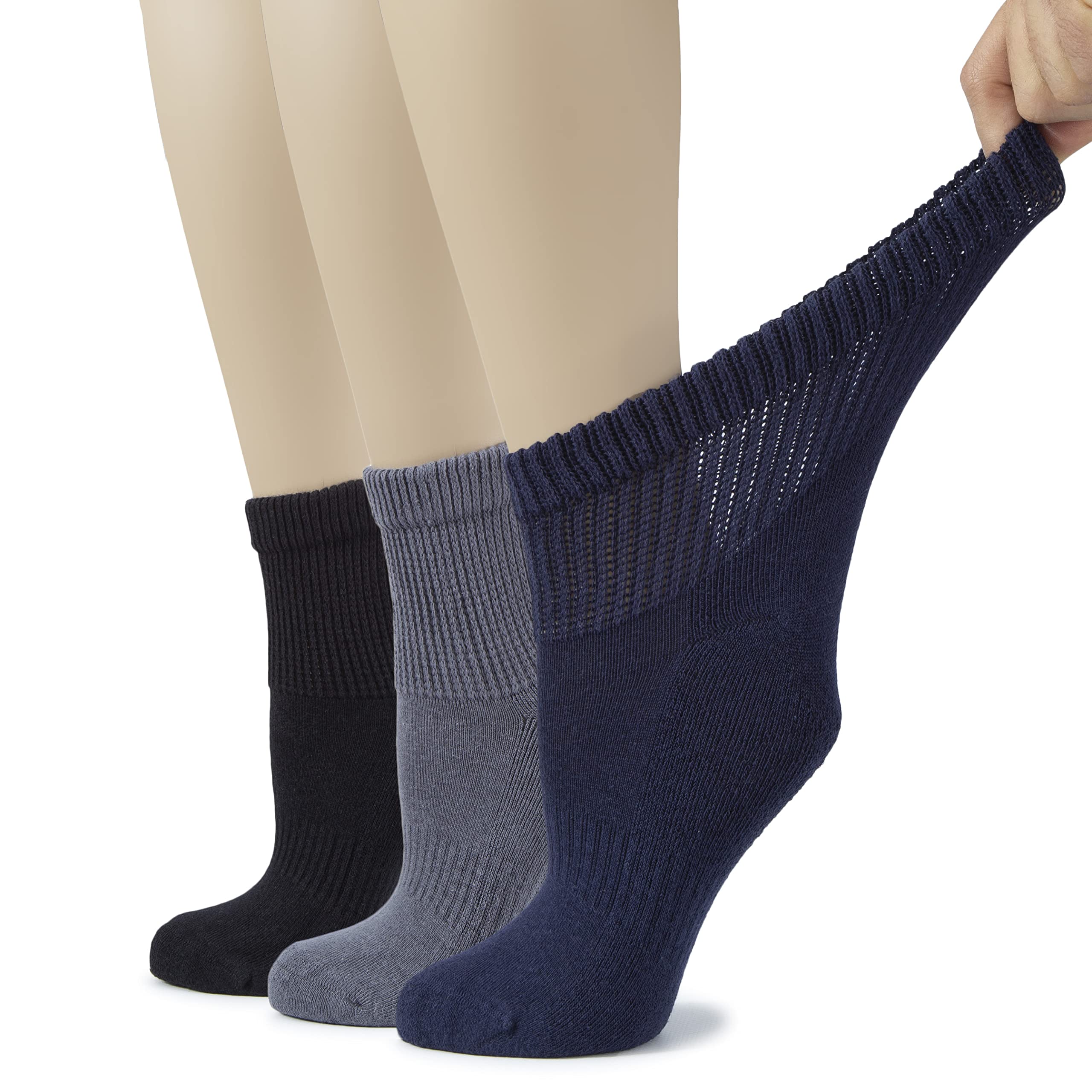 HUGH UGOLI Women's Cotton Diabetic Ankle Socks, Wide, Loose & Stretchy, Seamless Toe, Non Binding Top, Semi Cushion, 3 Pairs