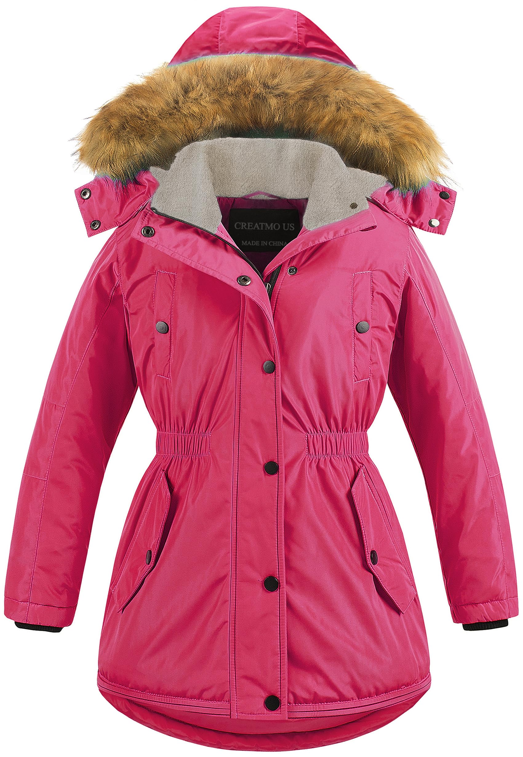 CREATMO US Girl's Long Winter Warm Parka Sherpa Trimmed Collar Puffer Ski Jacket Coat