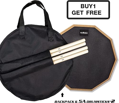 Miniatura 16 de HAIRIESIS Almohadilla de práctica de tambor, almohadilla de práctica de 12 pulgadas, almohadilla de batería silenciosa de doble cara y palos,Bolsa