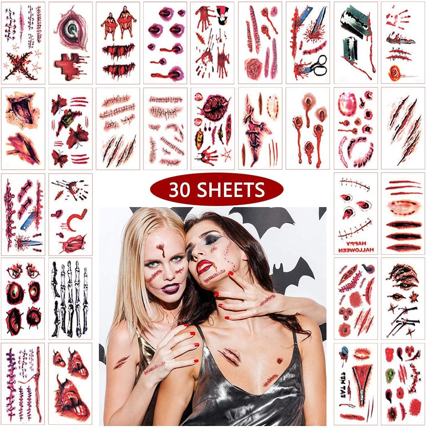30 Sheets Halloween Temporary Scar Tattoos Sticker Realistic Fake Bloody Wound Scab Horror Body Face Decals for Prank Props Costume Makeup Masquerade Cosplay Zombies Party Supplies Decor