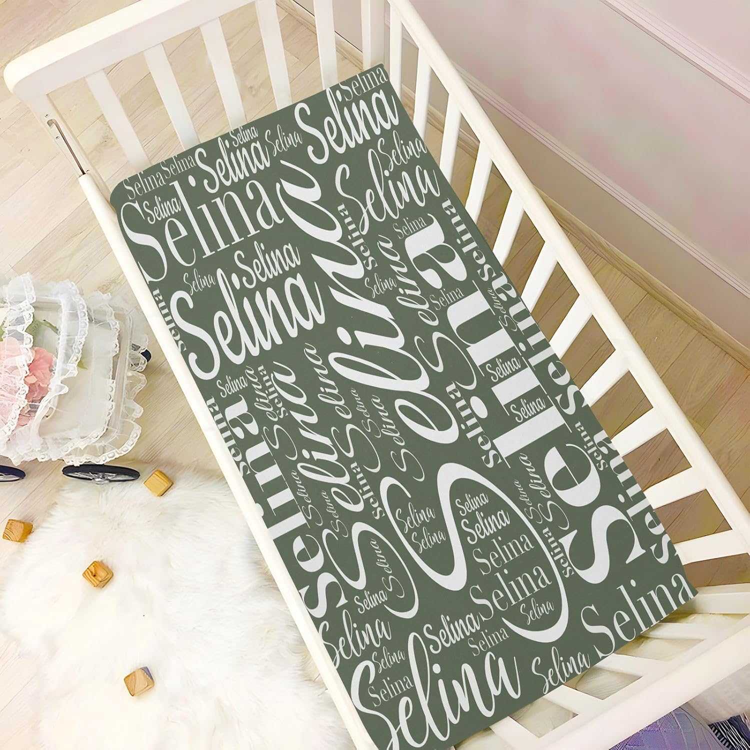 Emelivor Custom Name Olive Green Crib Sheet for Boys Girls Baby Personalized Fitted Crib Sheet Customized Mini Crib Sheets Fitted for Standard Mattress, 52" x 28"