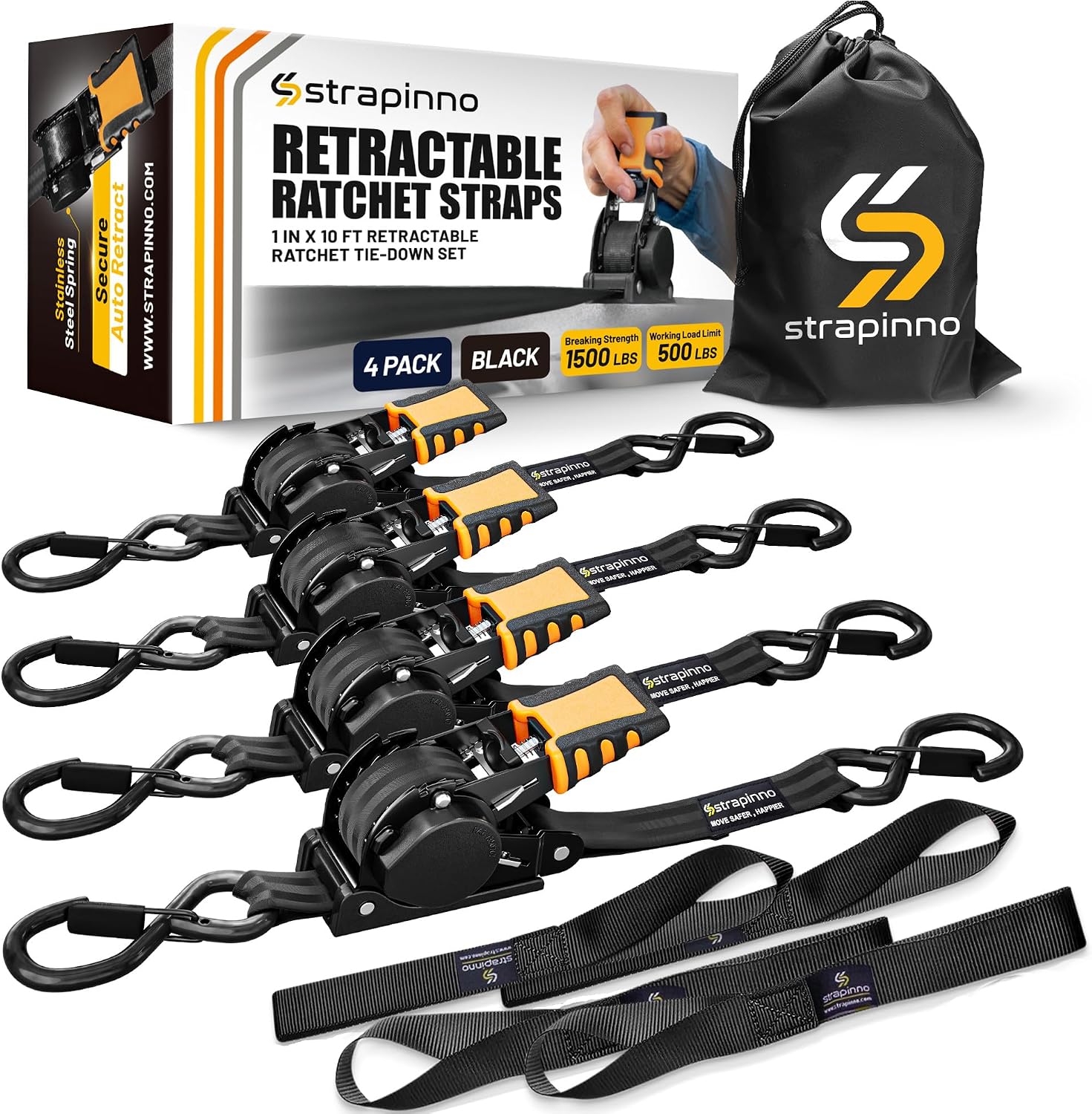 Strapinno Retractable Ratchet Straps (4-Pack), 1 in x 10 ft, 1,500LBS Break Strength, Most Durable Straps and Core, Auto Self Retracting Tie Downs for Truck, Moving, Motorcycle, Bike, Jetski, Kayak